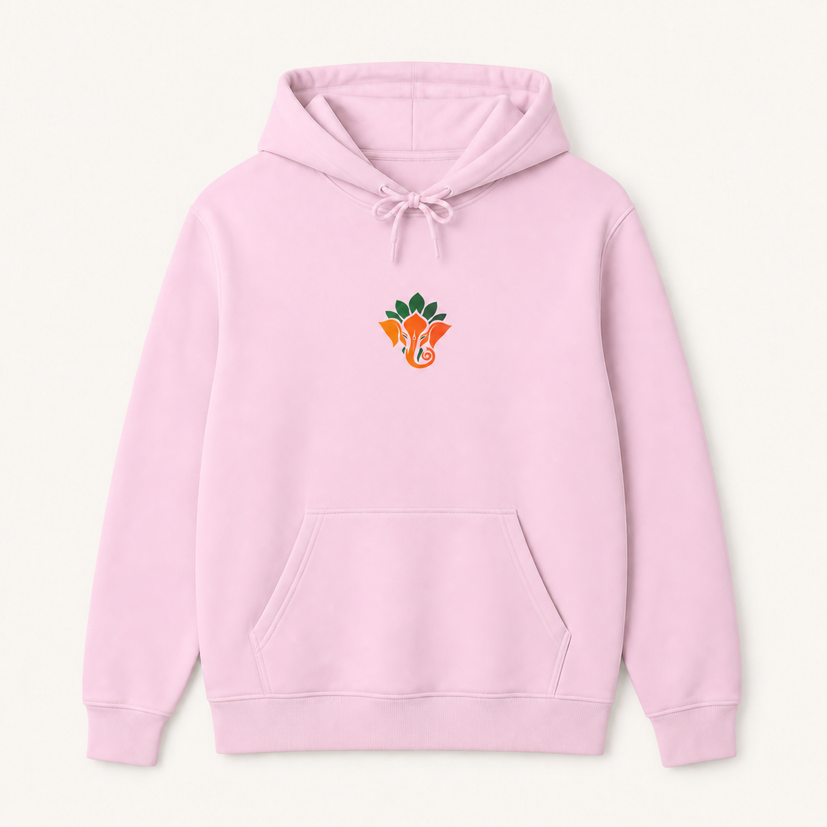 Ganesha lotus Indian elephant symbol graphic light pink hoodie front product image
