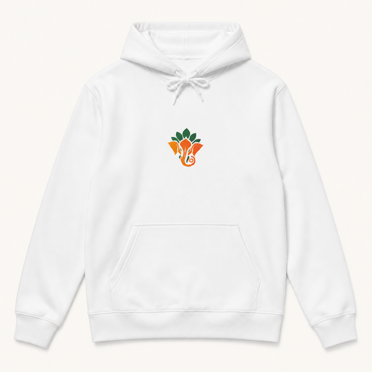 Ganesha lotus Indian elephant symbol graphic white hoodie front product image