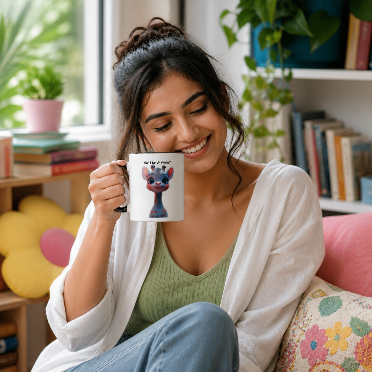 Young woman enjoying cute giraffe black-accent friendship mug in a reading nook