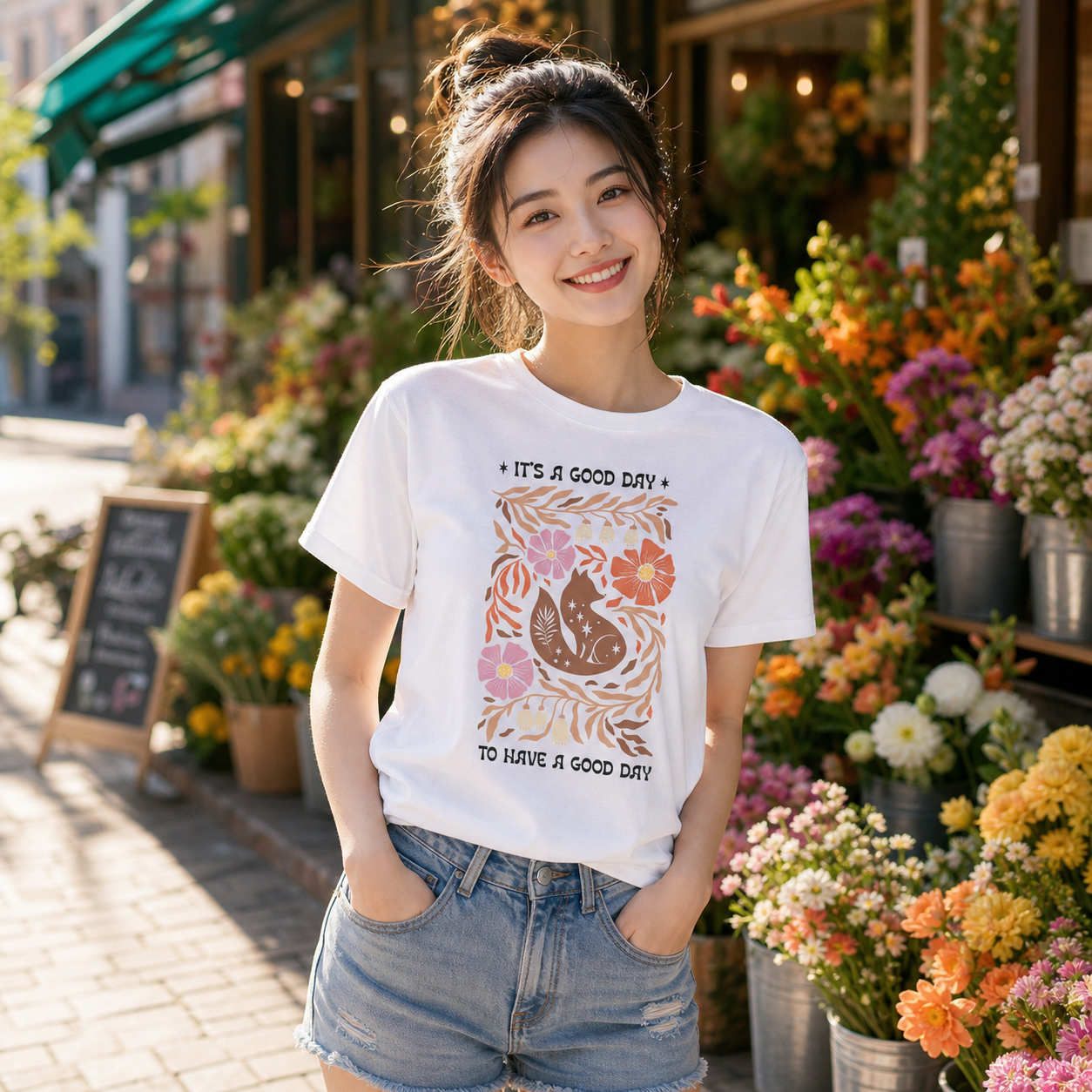 Young woman wearing It's a Good Day cat and floral graphic T-shirt at a flower market