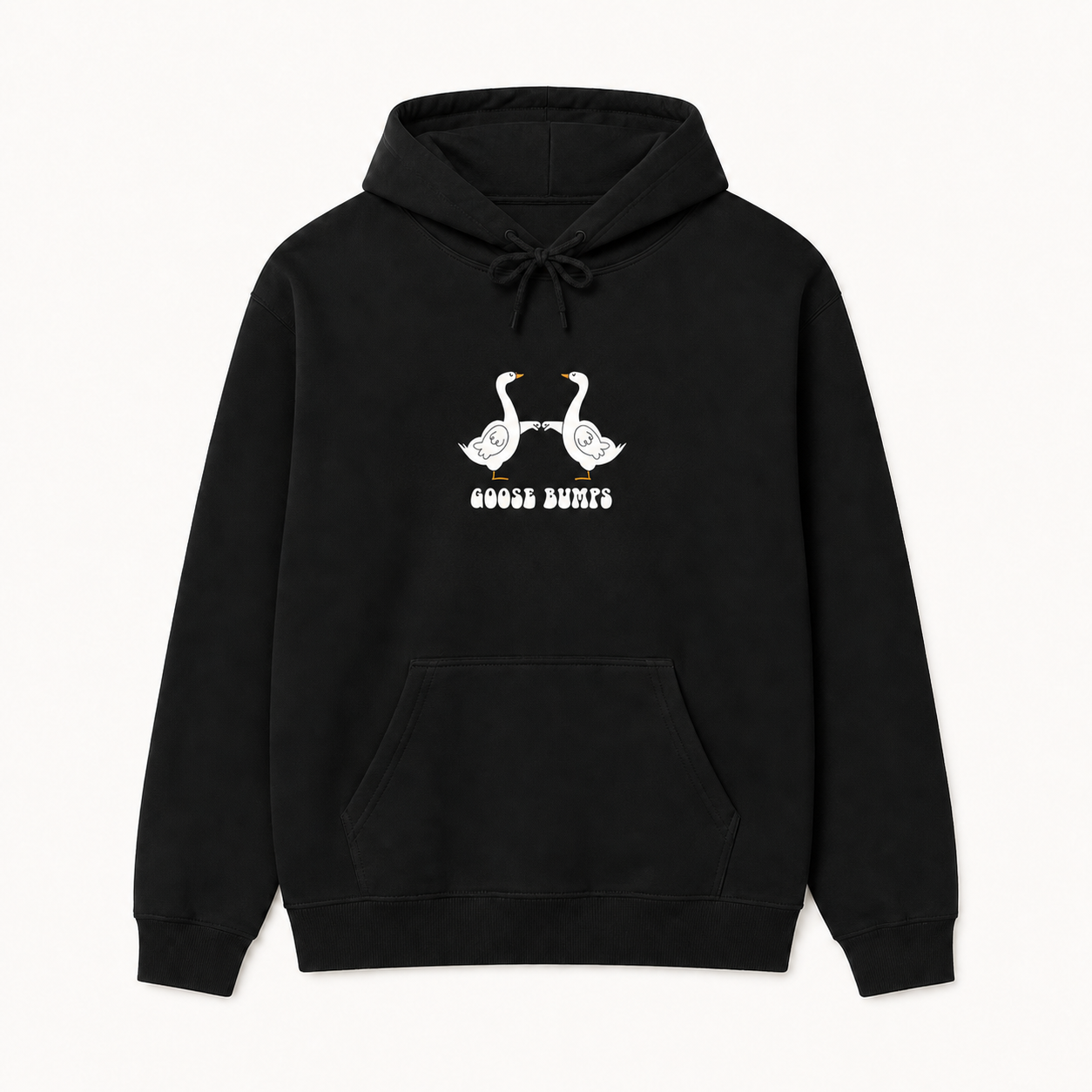 Goose Bumps cute goose couple graphic black hoodie front product image
