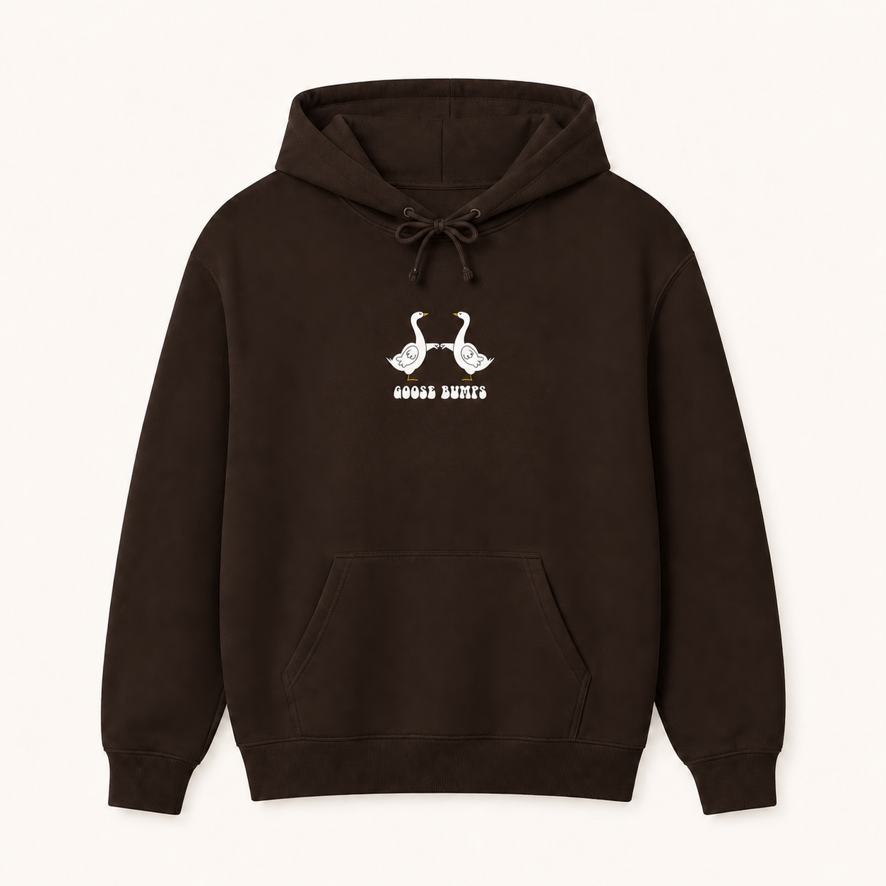 Goose Bumps cute goose couple graphic dark chocolate hoodie front product image