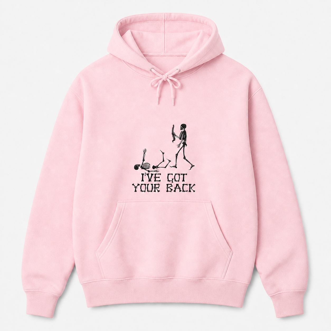 I've Got Your Back skeleton friendship graphic on light pink pullover hoodie, front product image