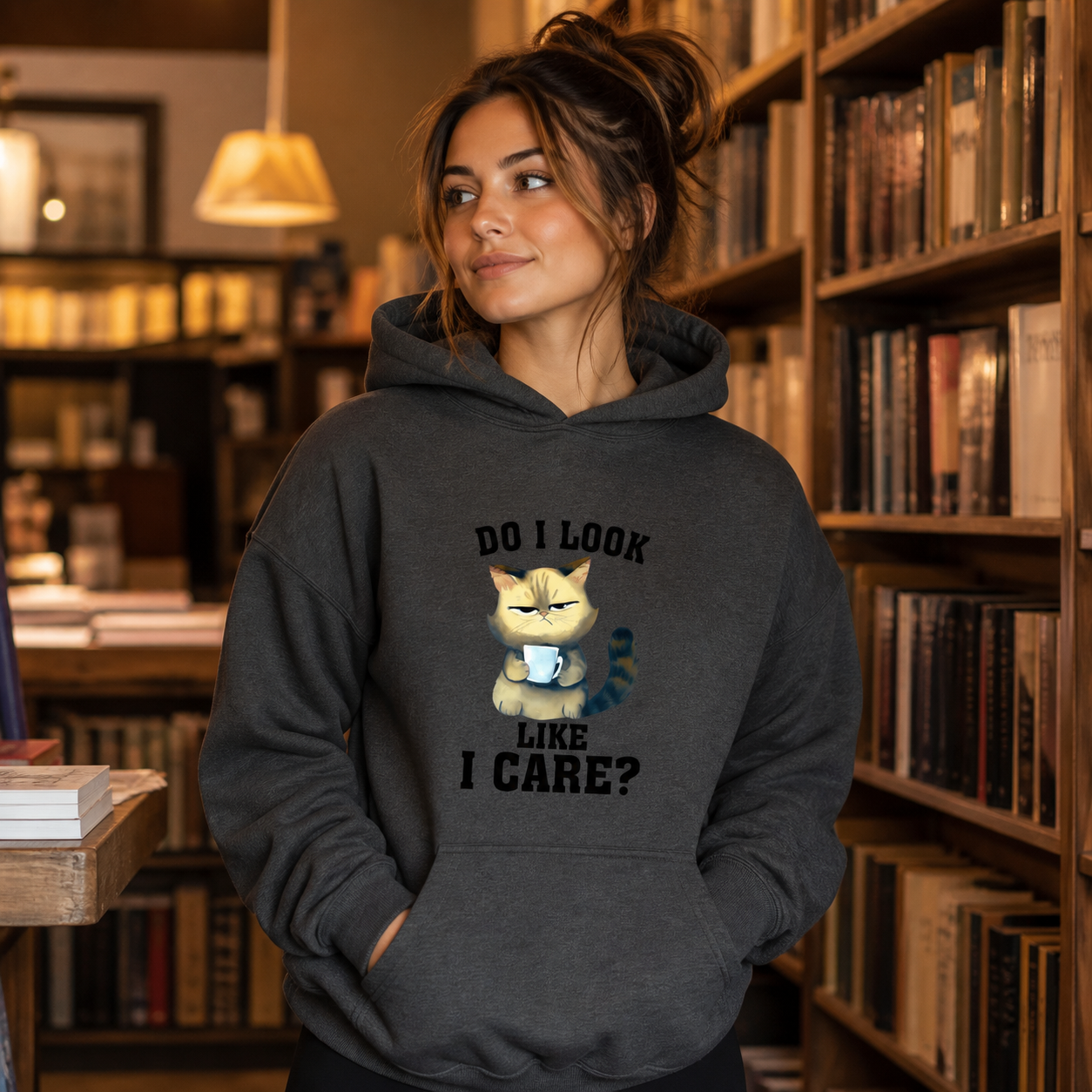Young woman wearing Do I Look Like I Care grumpy cat hoodie in a bookstore
