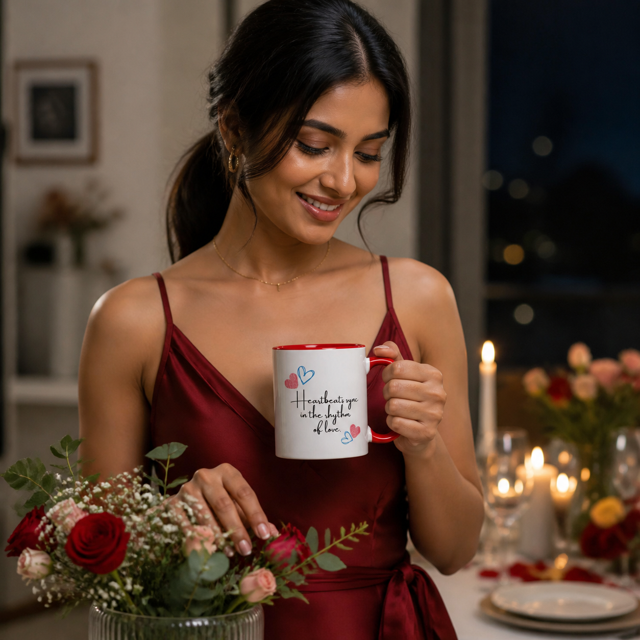 Young woman holding red-accent Heartbeats Sync in the Rhythm of Love mug