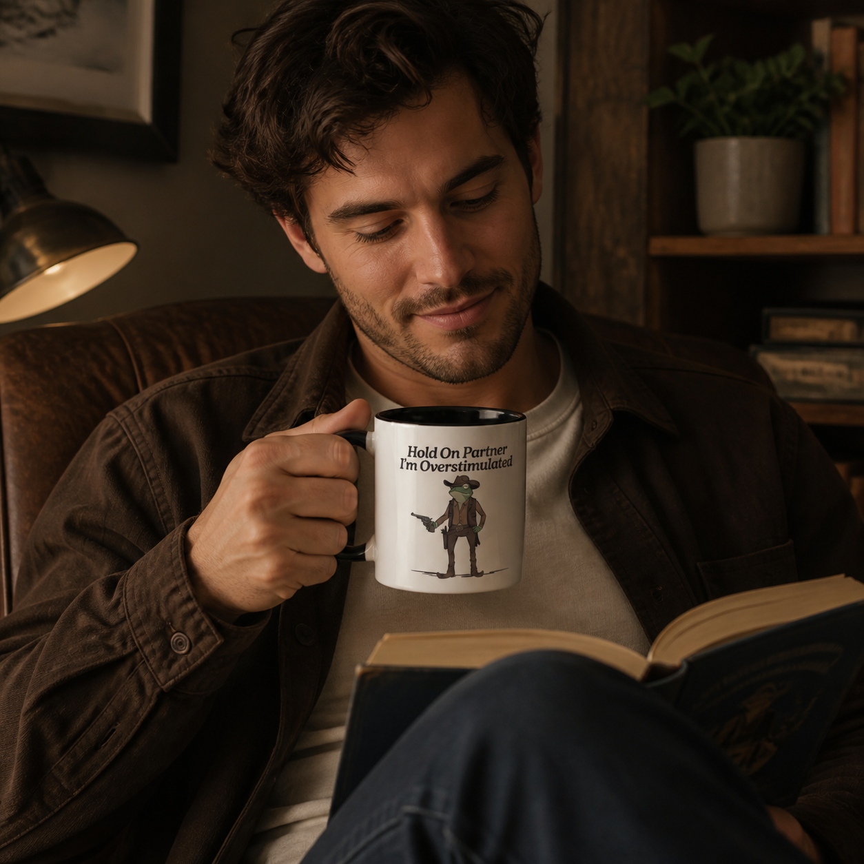 Young man holding black accent Hold On Partner frog coffee mug in a reading nook