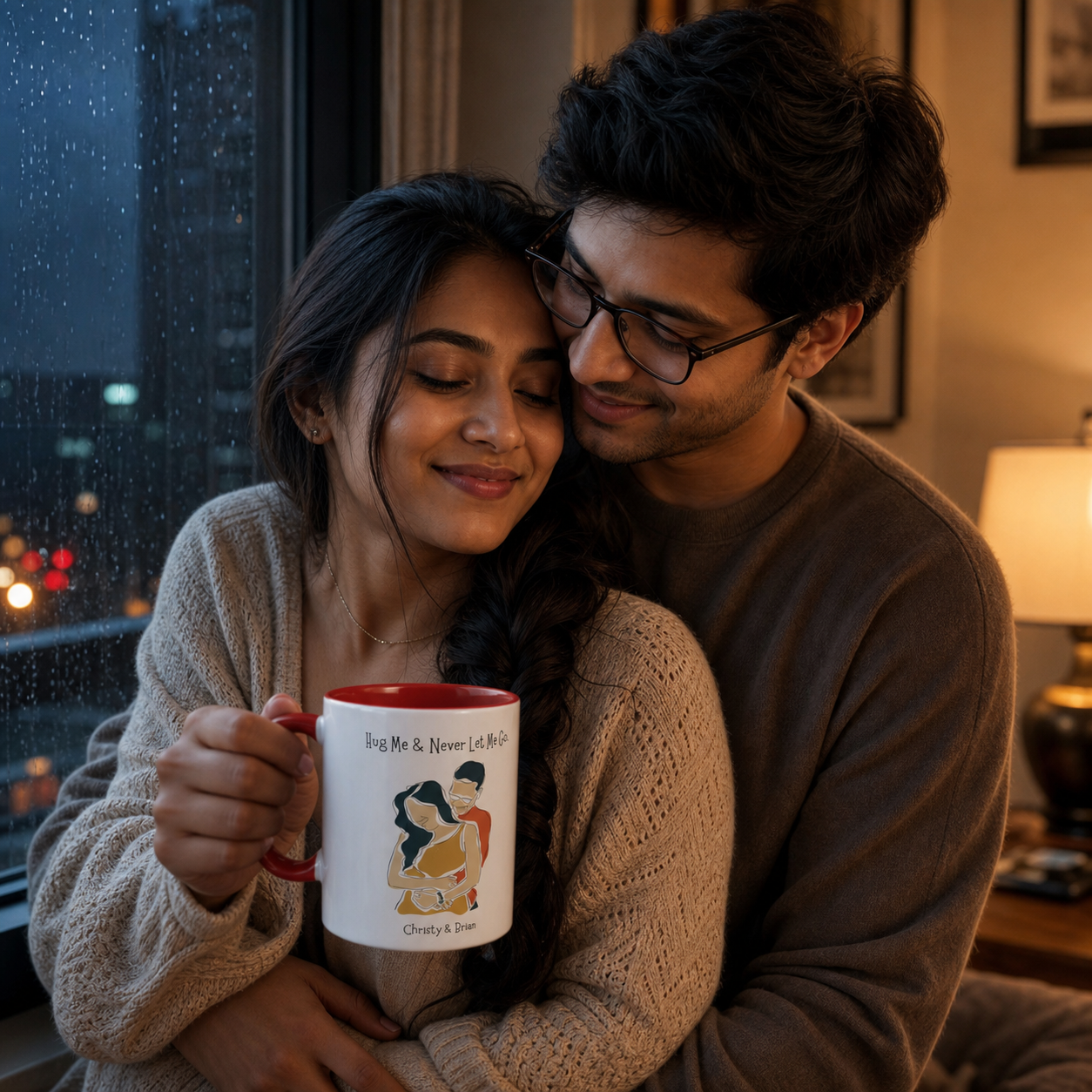 Young couple sharing a hug with personalized red-accent Hug Me mug on a rainy evening