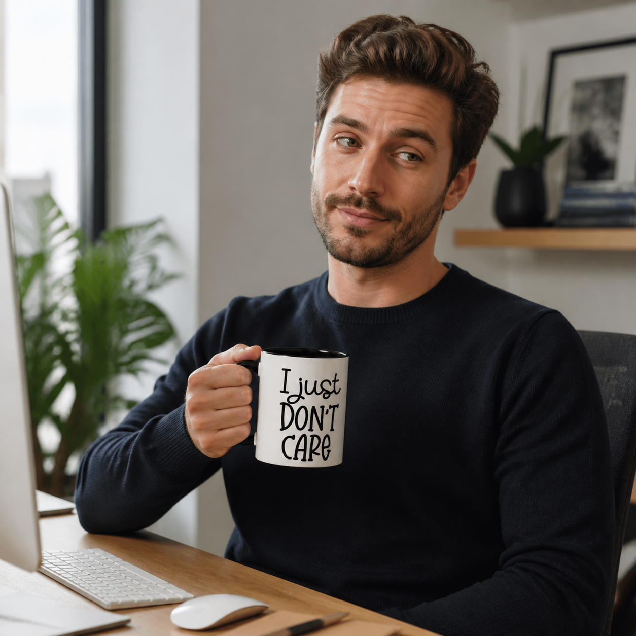 Man holding black accent I Just Do Not Care funny coffee mug at a home office desk