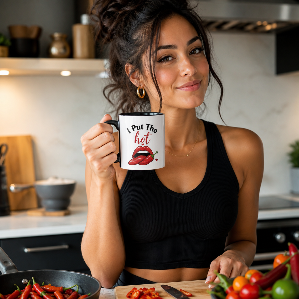 Young woman holding black-accent I Put the Hot mug in a modern kitchen