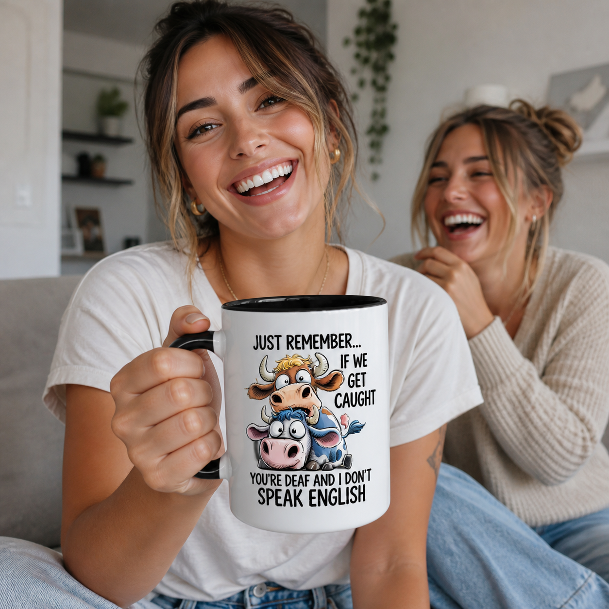 Two friends featuring black-accent If We Get Caught funny cow mug