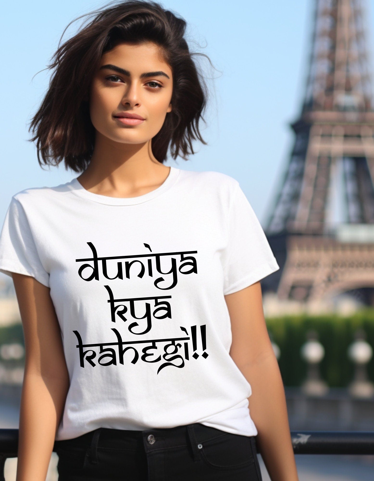 a woman standing in front of the eiffel tower