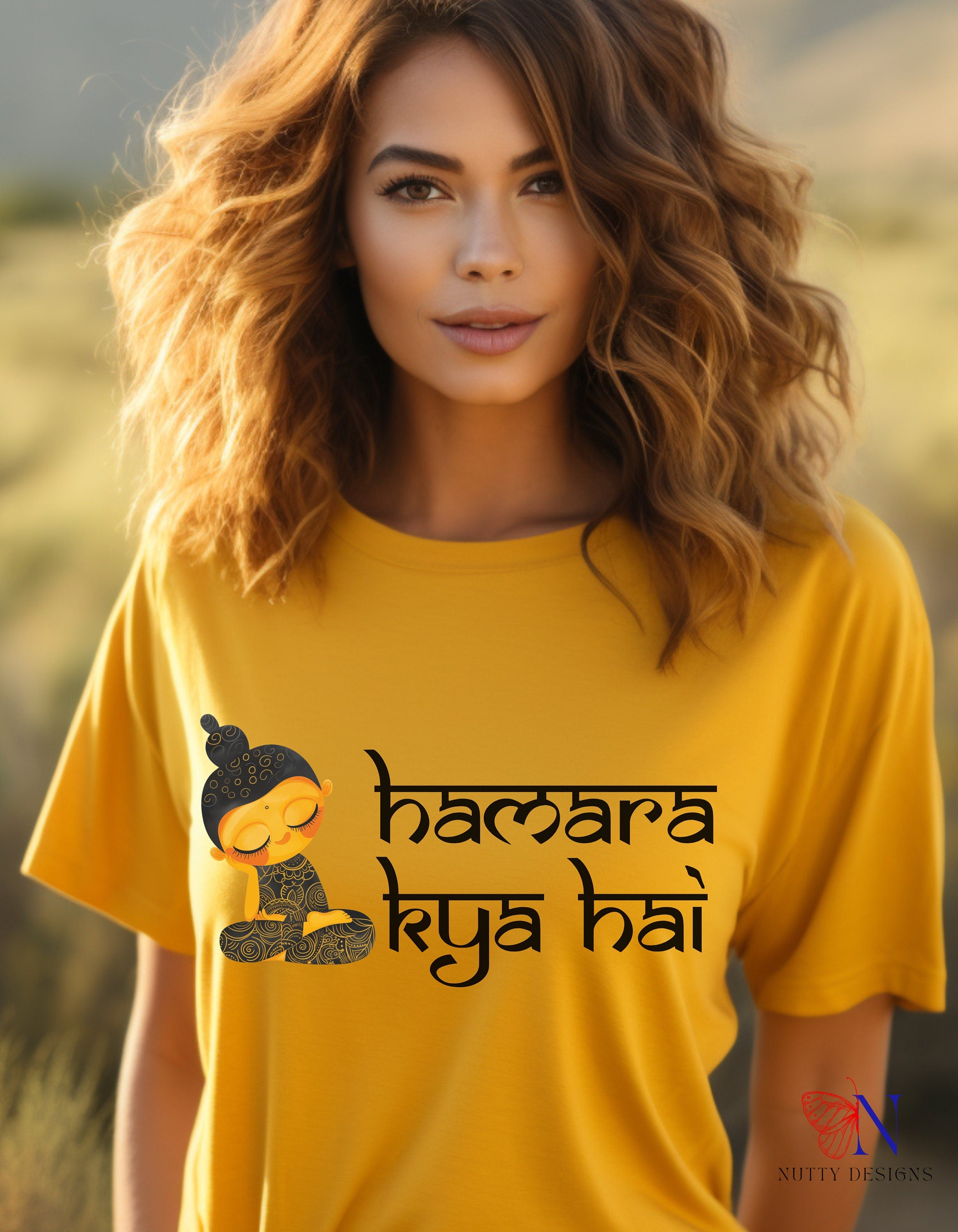 Woman wearing a yellow "Hamara Kya Hai" Desi Funny Tshirt, Indian pride, Desi Swag, Pakistani humor T-shirt, Punny tee shirt Unisex Tee