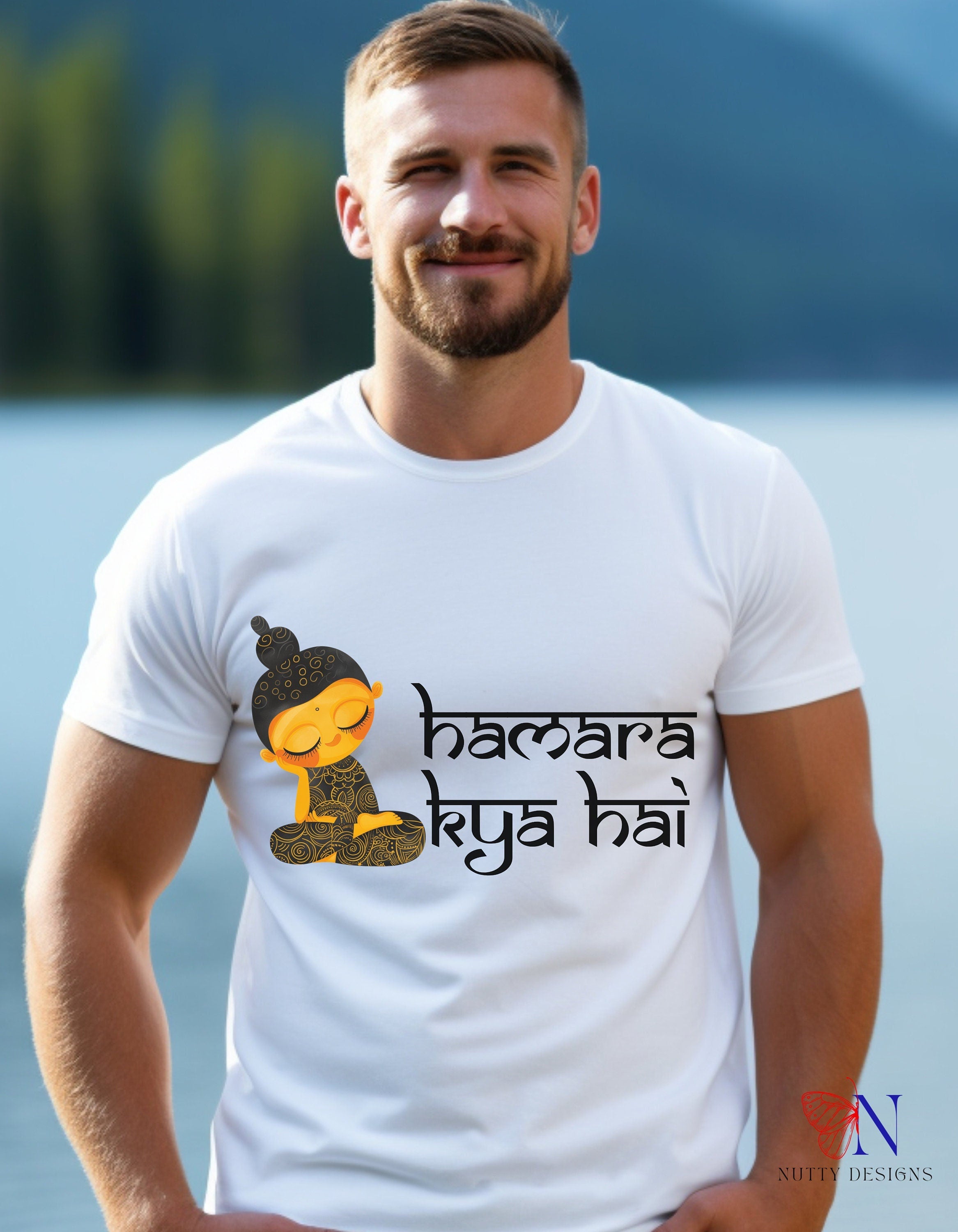 Man wearing Hamara Kya Hai Desi Funny Tshirt with Indian pride and Desi Swag, perfect gift and humor unisex tee shirt