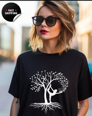 Woman yoga, with tree bird, calming, positive motivating graphic tee  Unisex T-shirt