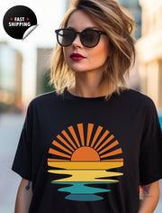 Retro Sunset Waves T-Shirt | Summer Vacation Tee | Beach Cool Shirt | Comfort Color T-Shirt for Men & Women