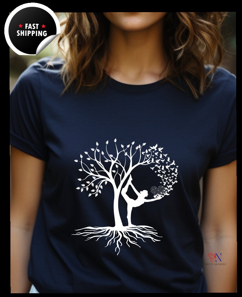 Woman yoga, with tree bird, calming, positive motivating graphic tee  Unisex T-shirt