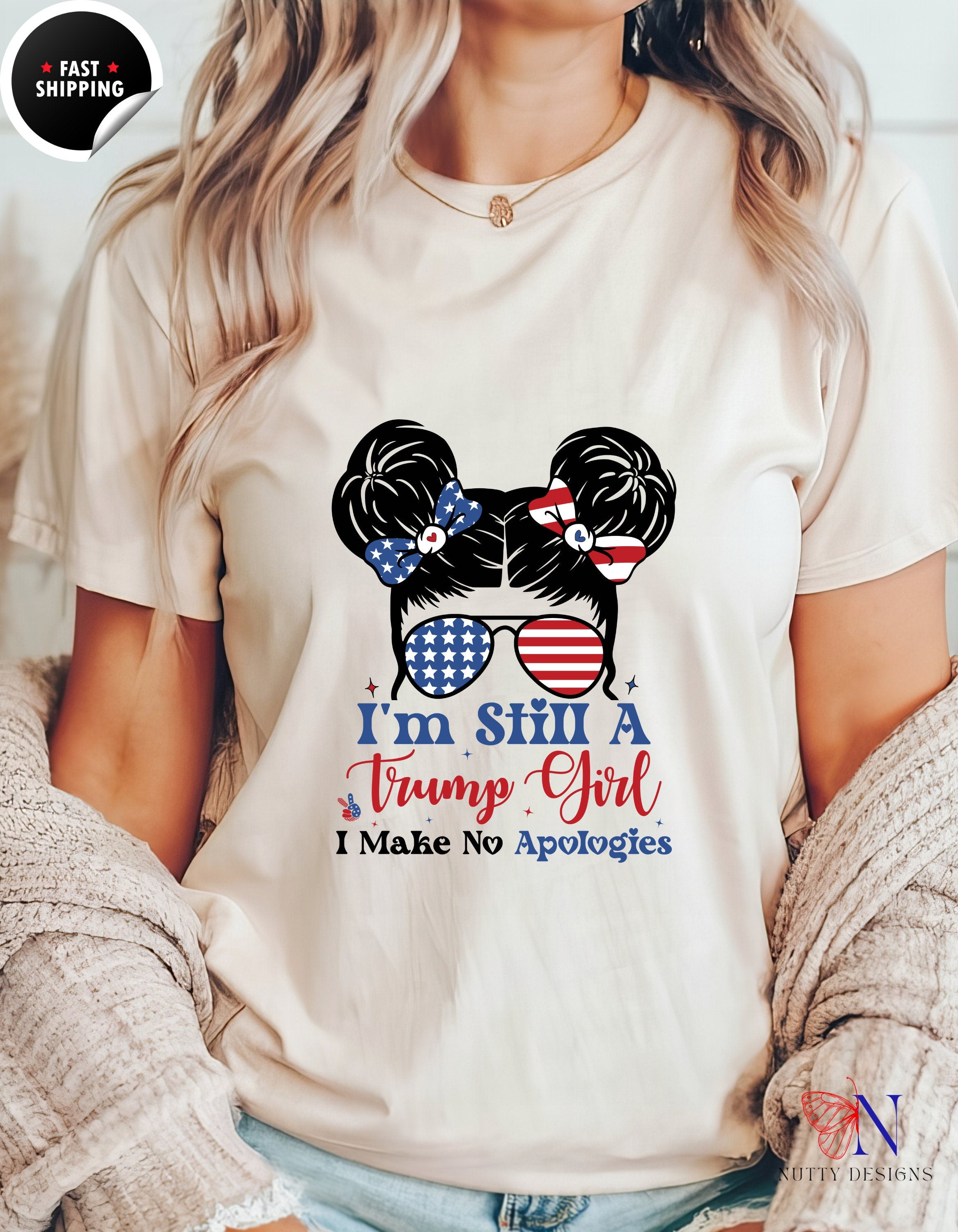 I'm still A Trump Girl, I Make No Apologies Messy Bun T-Shirt, Trump 2024 Election/Republican Shirts, Red White Blue Tees, GOP Lover Gift