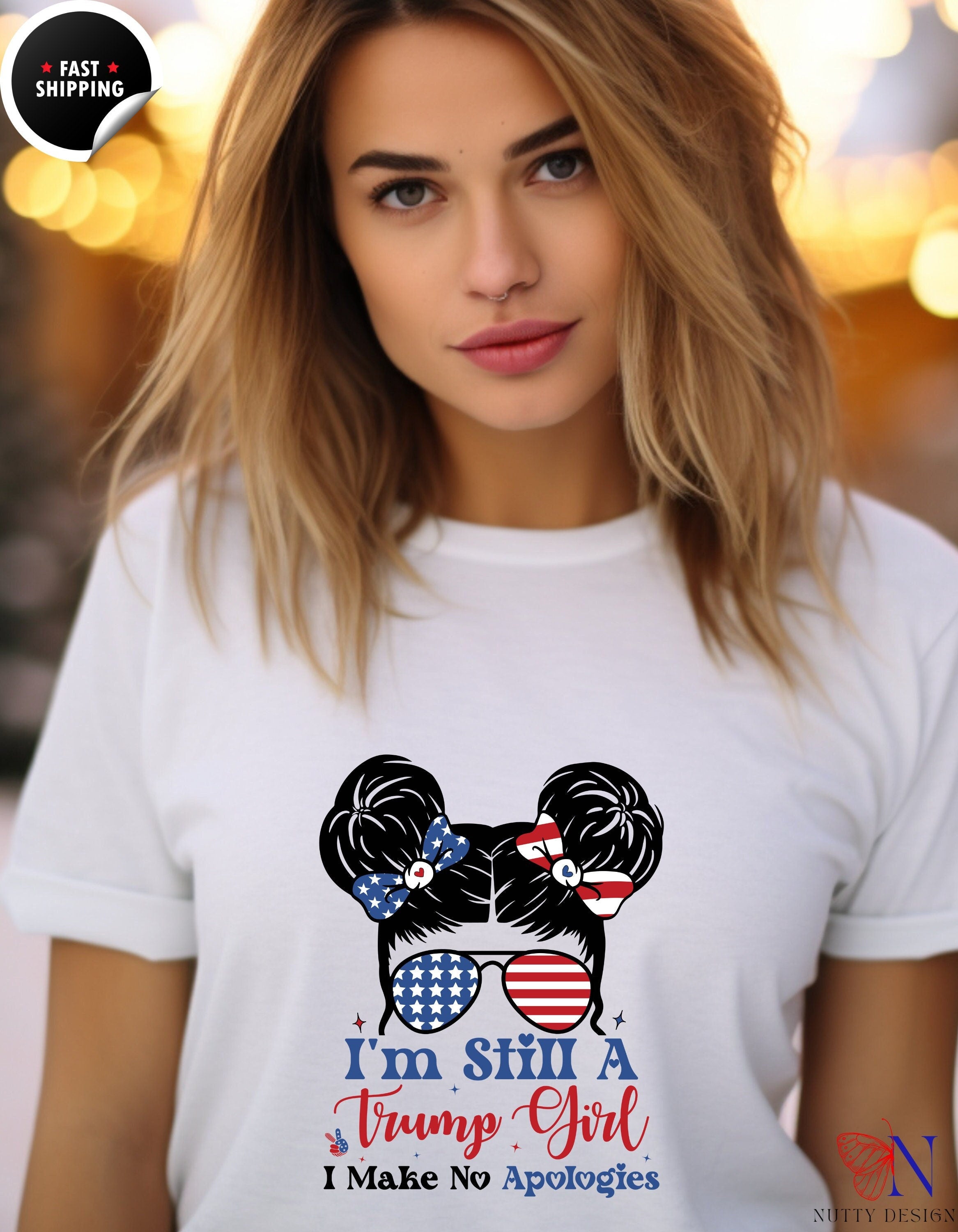 I'm still A Trump Girl, I Make No Apologies Messy Bun T-Shirt, Trump 2024 Election/Republican Shirts, Red White Blue Tees, GOP Lover Gift