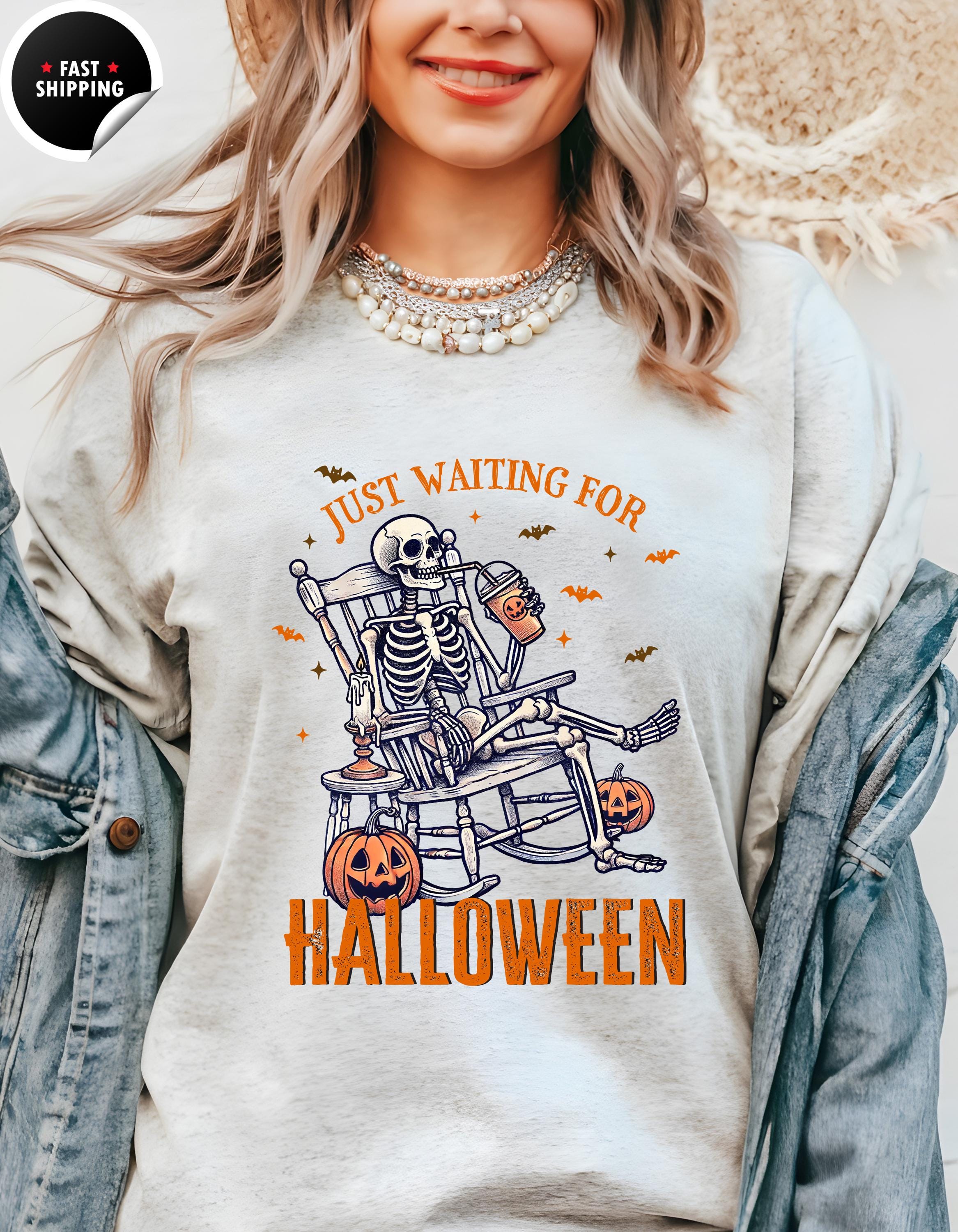 Just Waiting For Halloween Skeleton T-shirt | Spooky Graphic Tee | Halloween Costume Top | Fall Celebration Wear