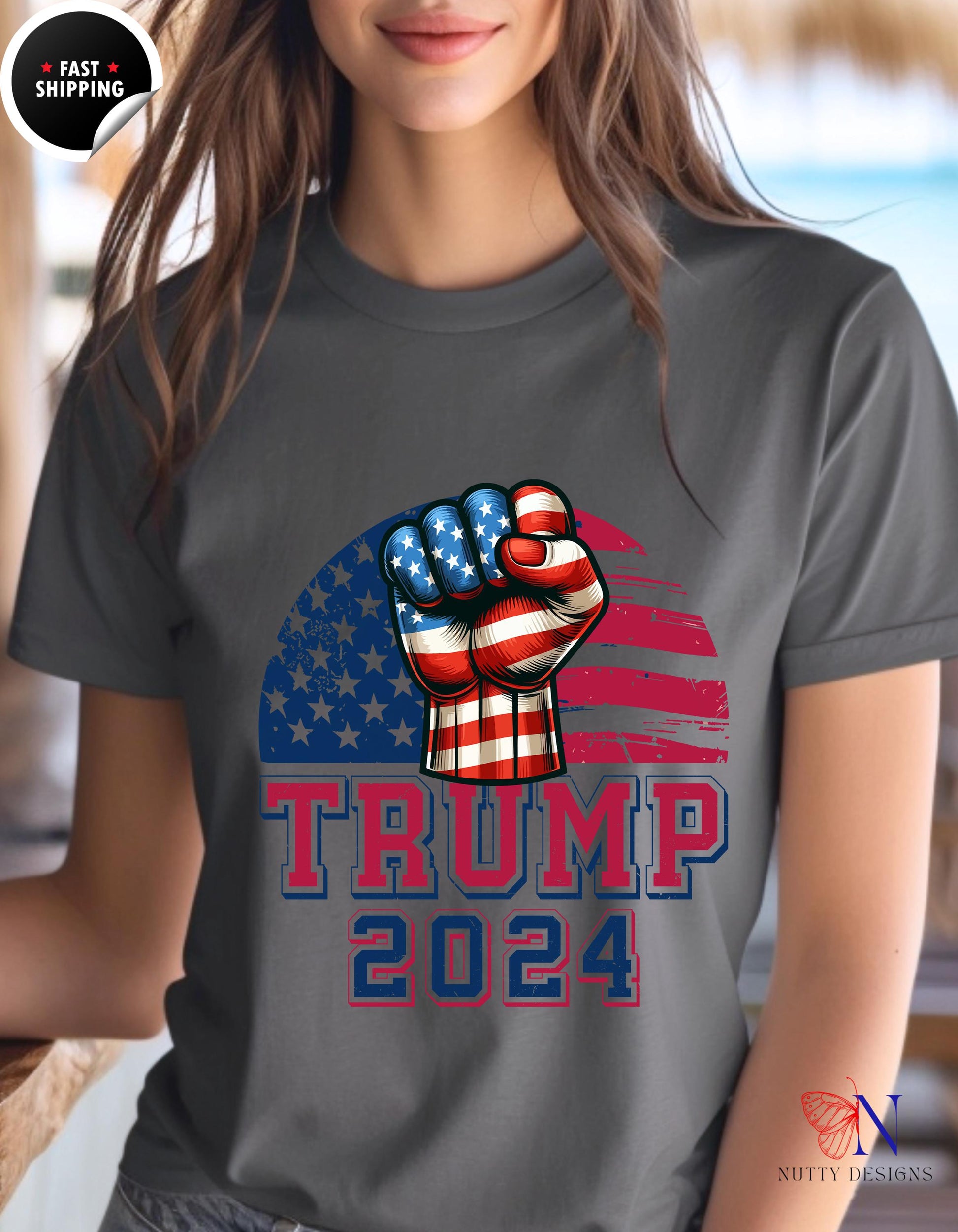 a woman wearing a t - shirt that says trump 2024