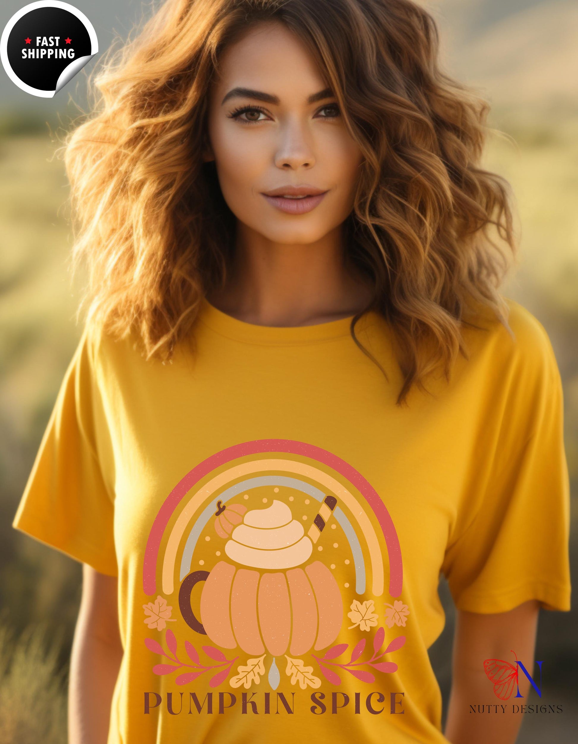 a woman wearing a pumpkin spice t - shirt