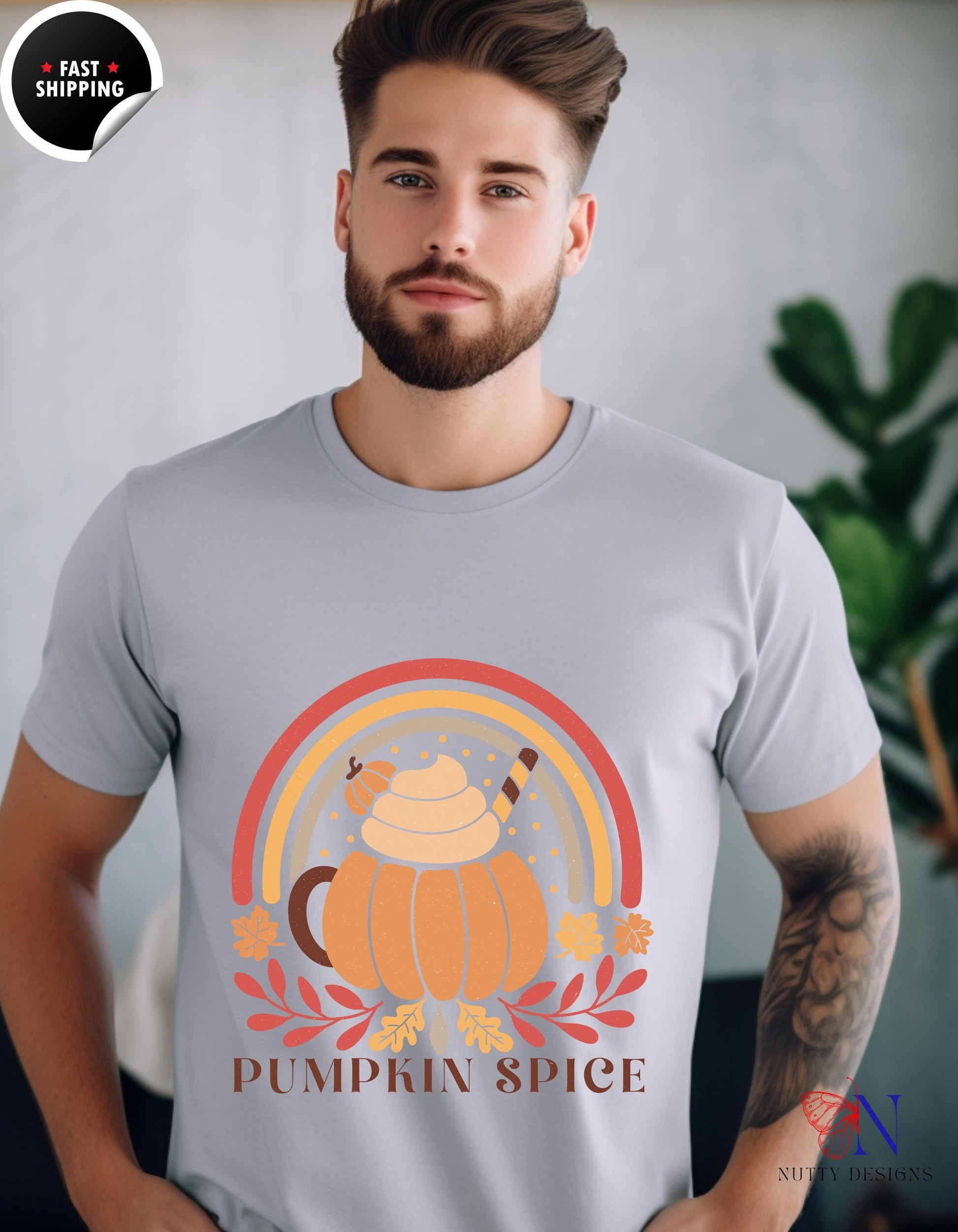 a man with a beard wearing a pumpkin spice t - shirt