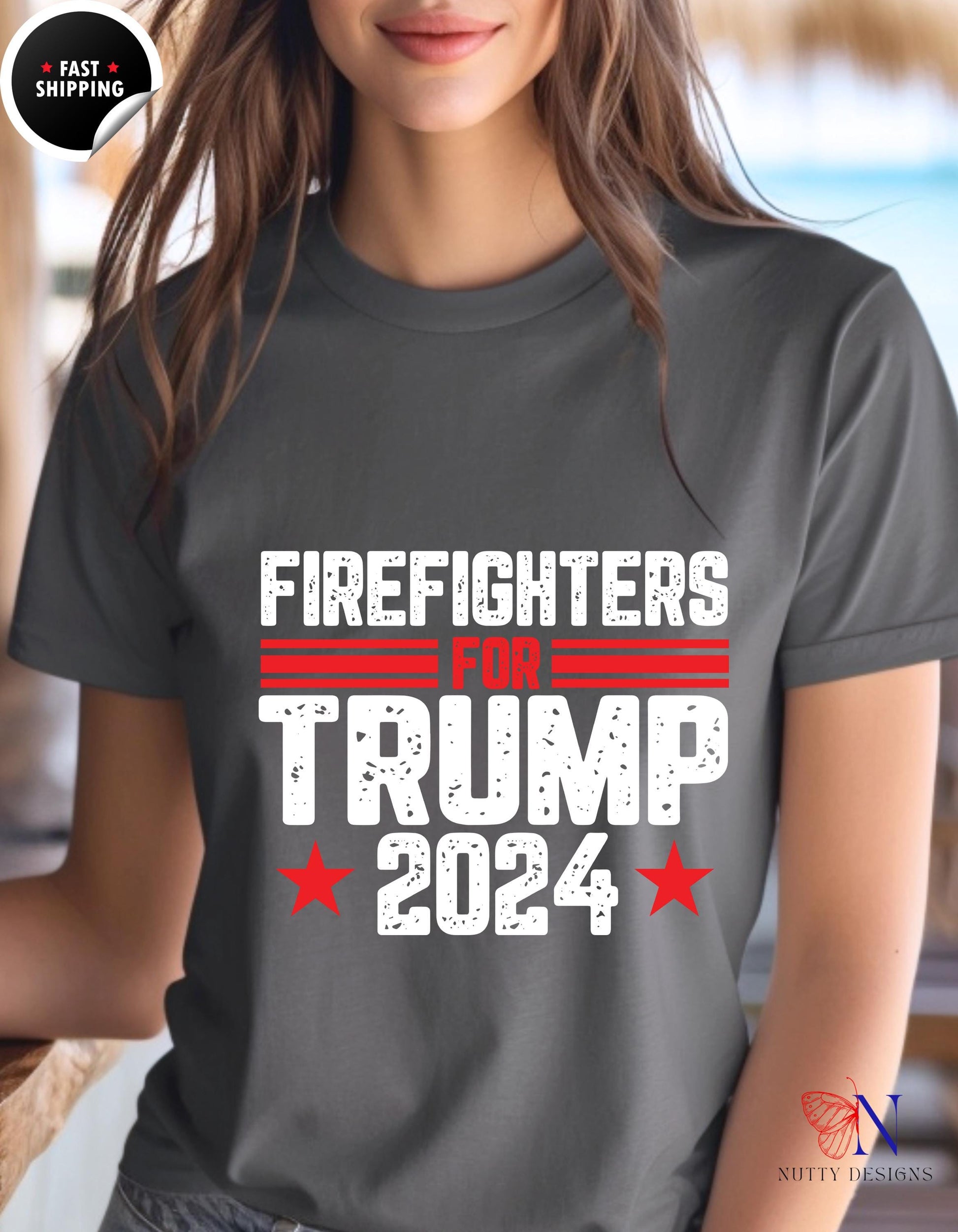 a woman wearing a t - shirt that says firefighters in trump 2012