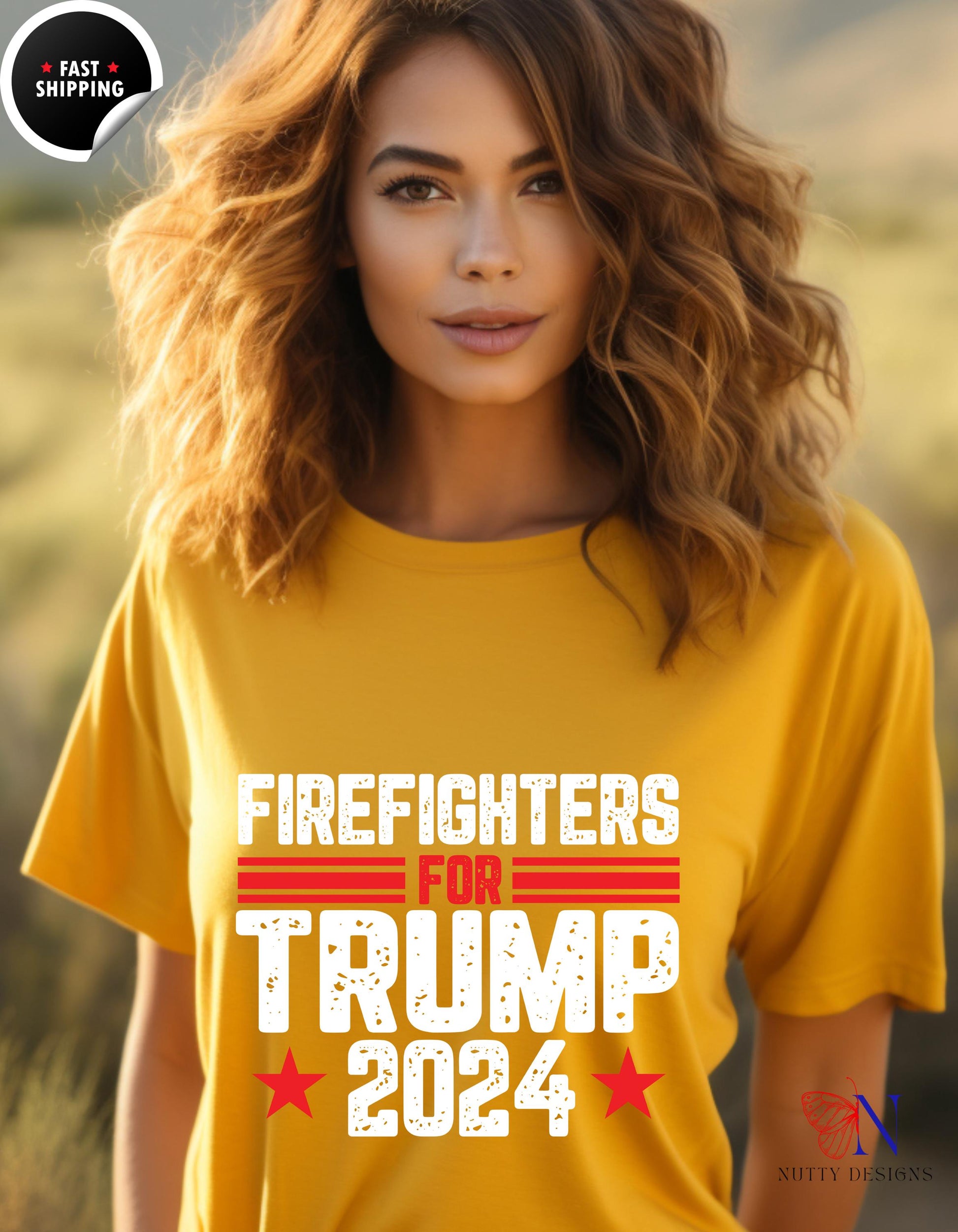 a woman wearing a yellow shirt with the words firefighters for trump on it