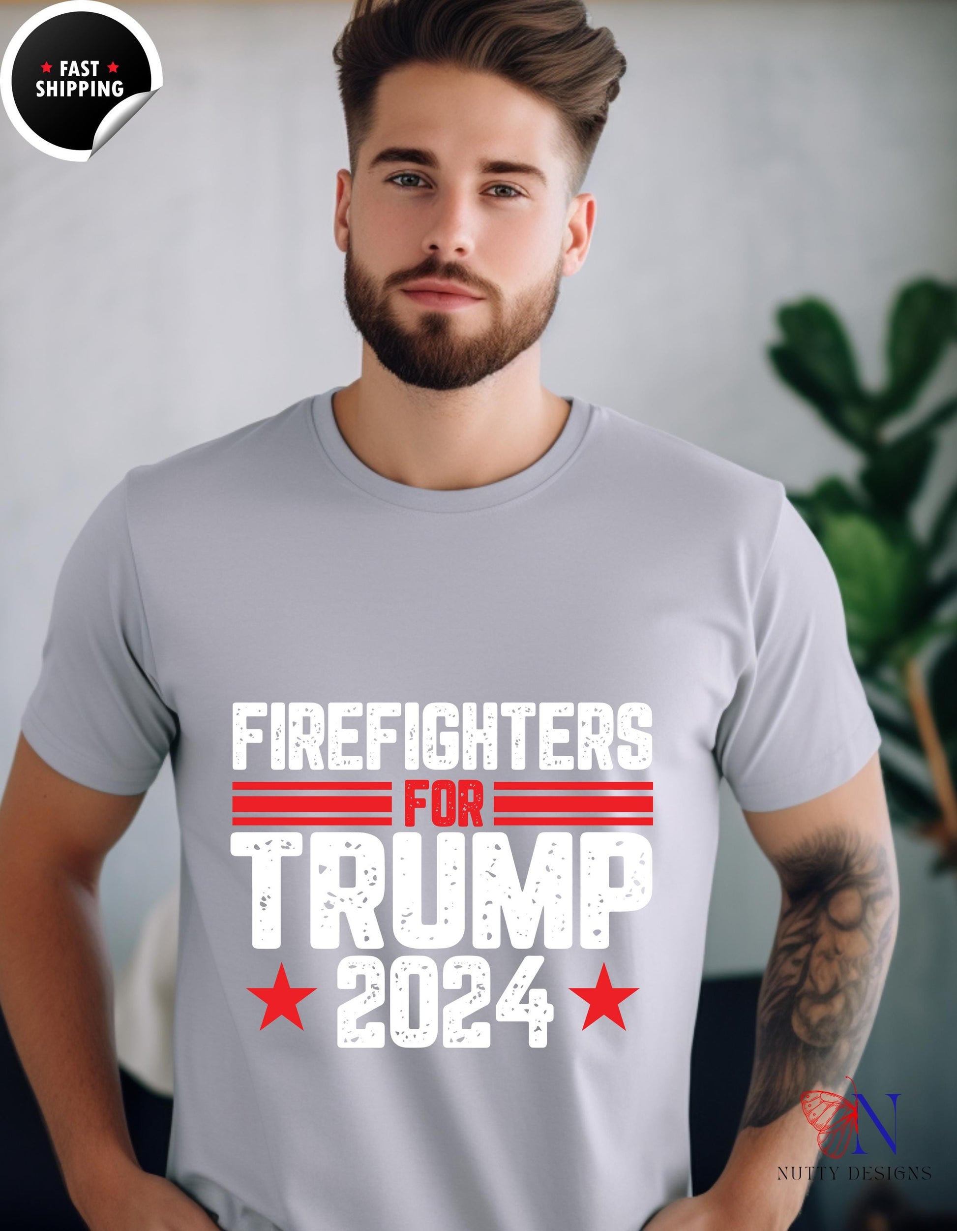 a man wearing a t - shirt that says firefighters for trump