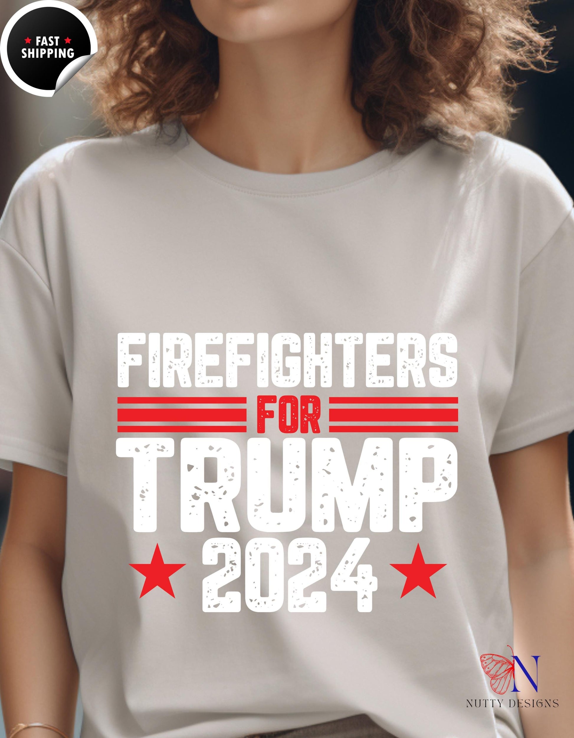 a woman wearing a t - shirt that says firefighters for trump 2012