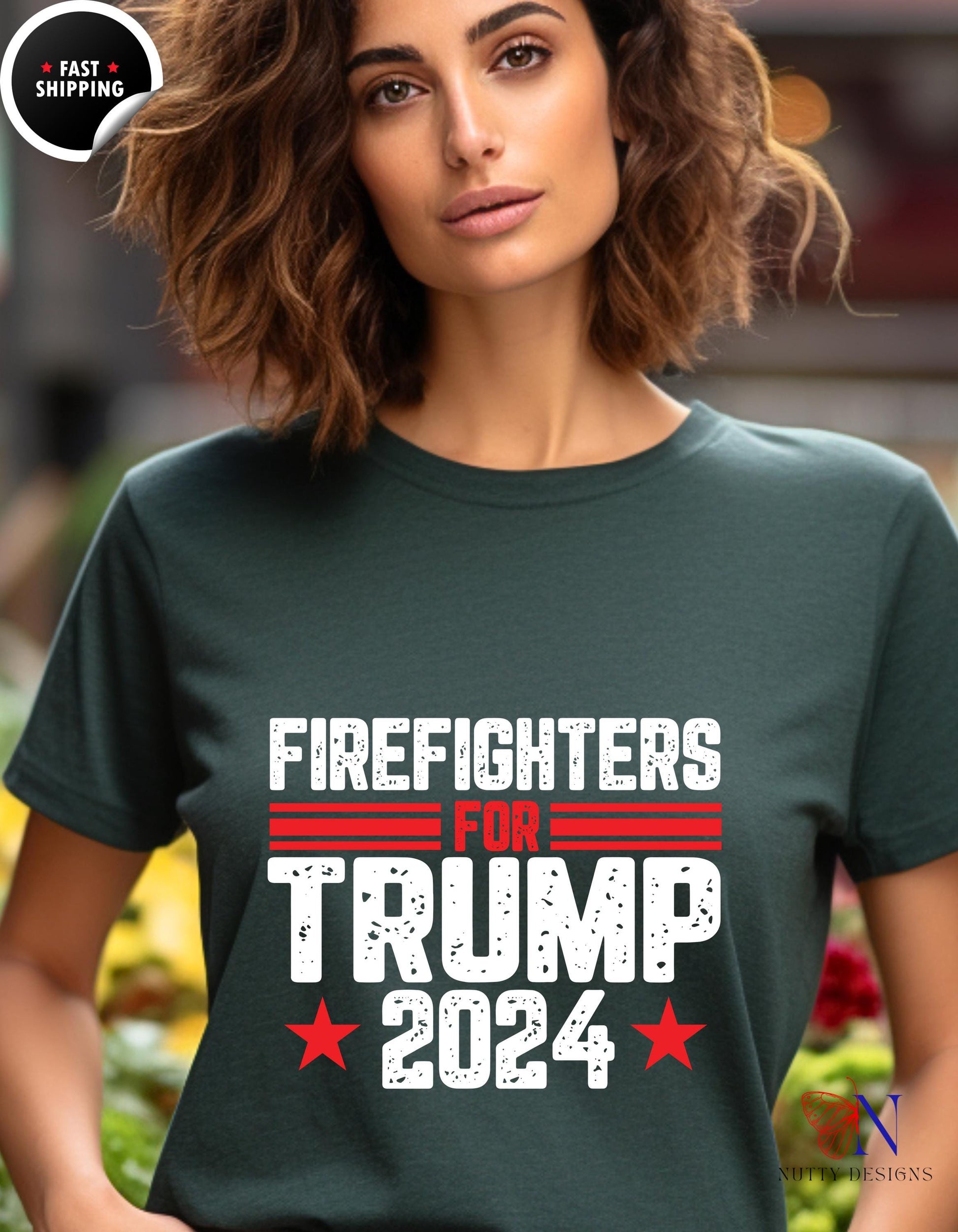 a woman wearing a t - shirt that says firefighters for trump 2012