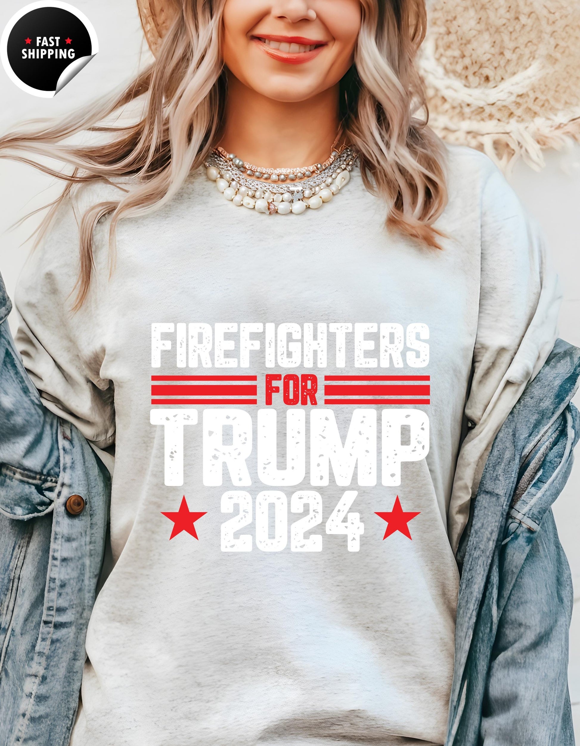 a woman wearing a shirt that says firefighters for trump