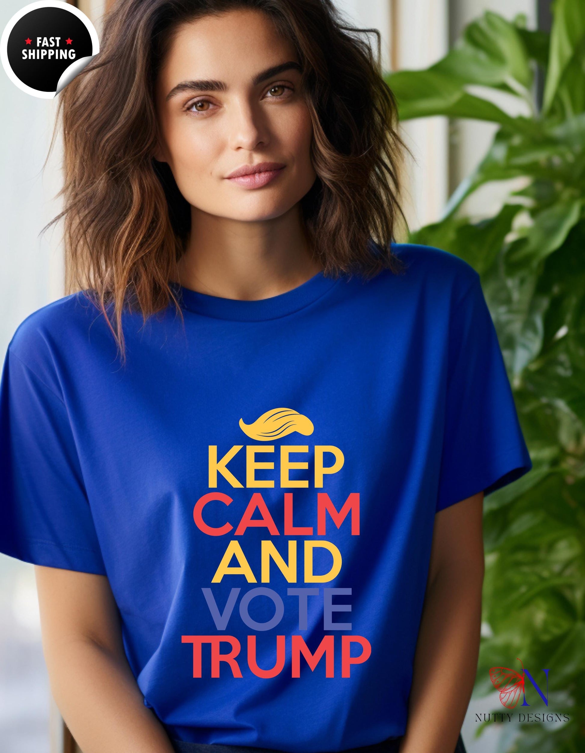 a woman wearing a t - shirt that says keep calm and vote trump