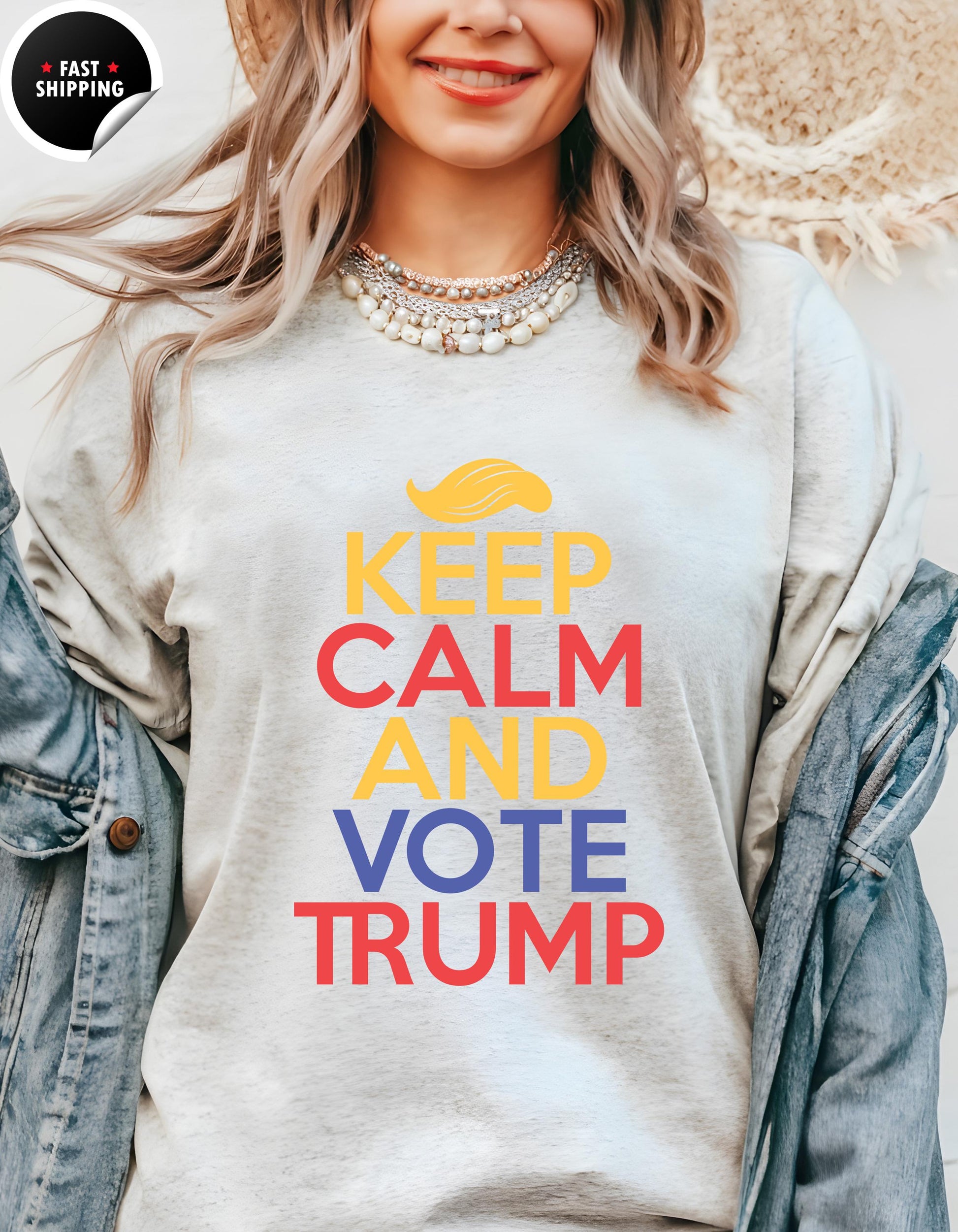 a woman wearing a t - shirt that says keep calm and vote trump