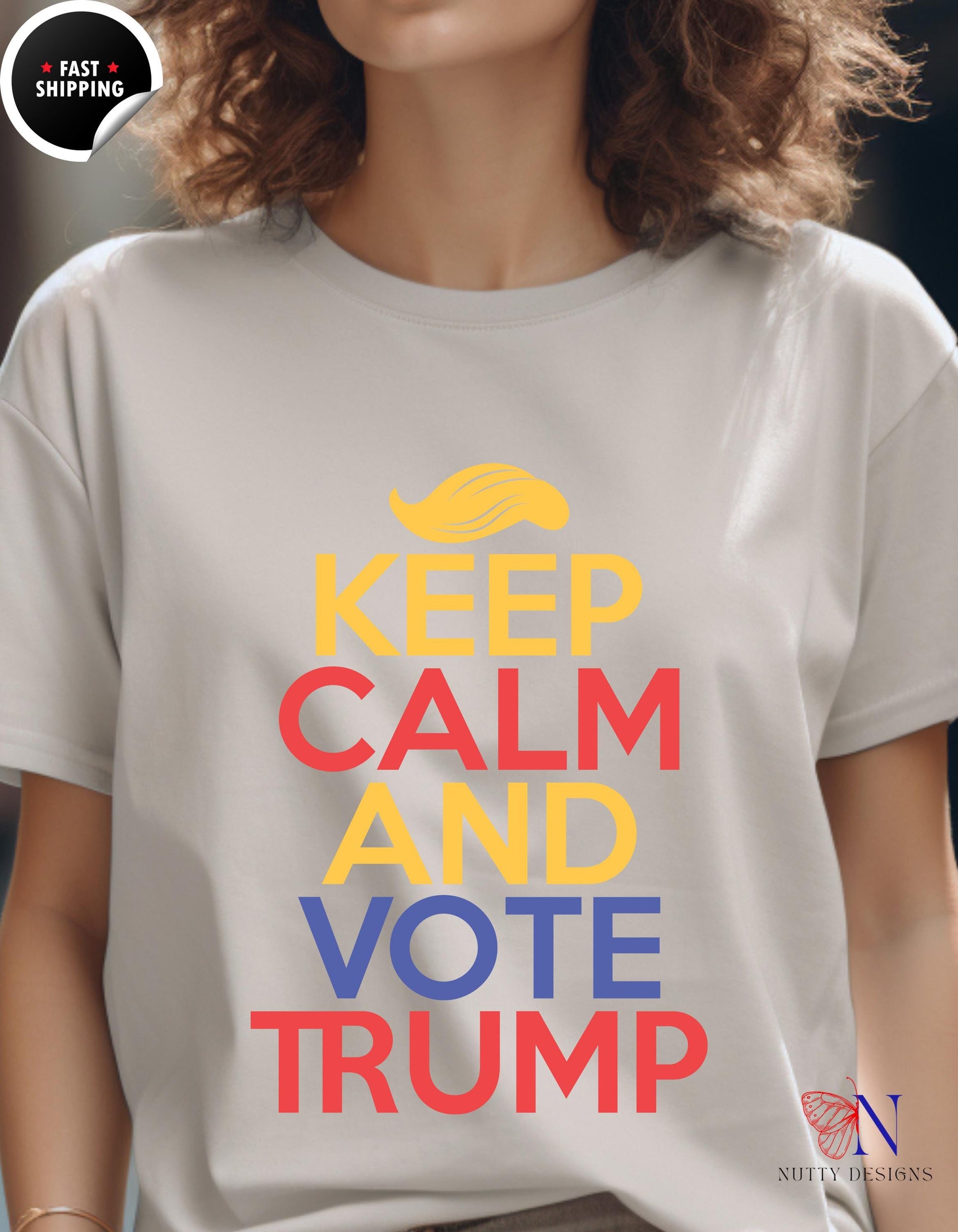 a woman wearing a t - shirt that says keep calm and vote trump