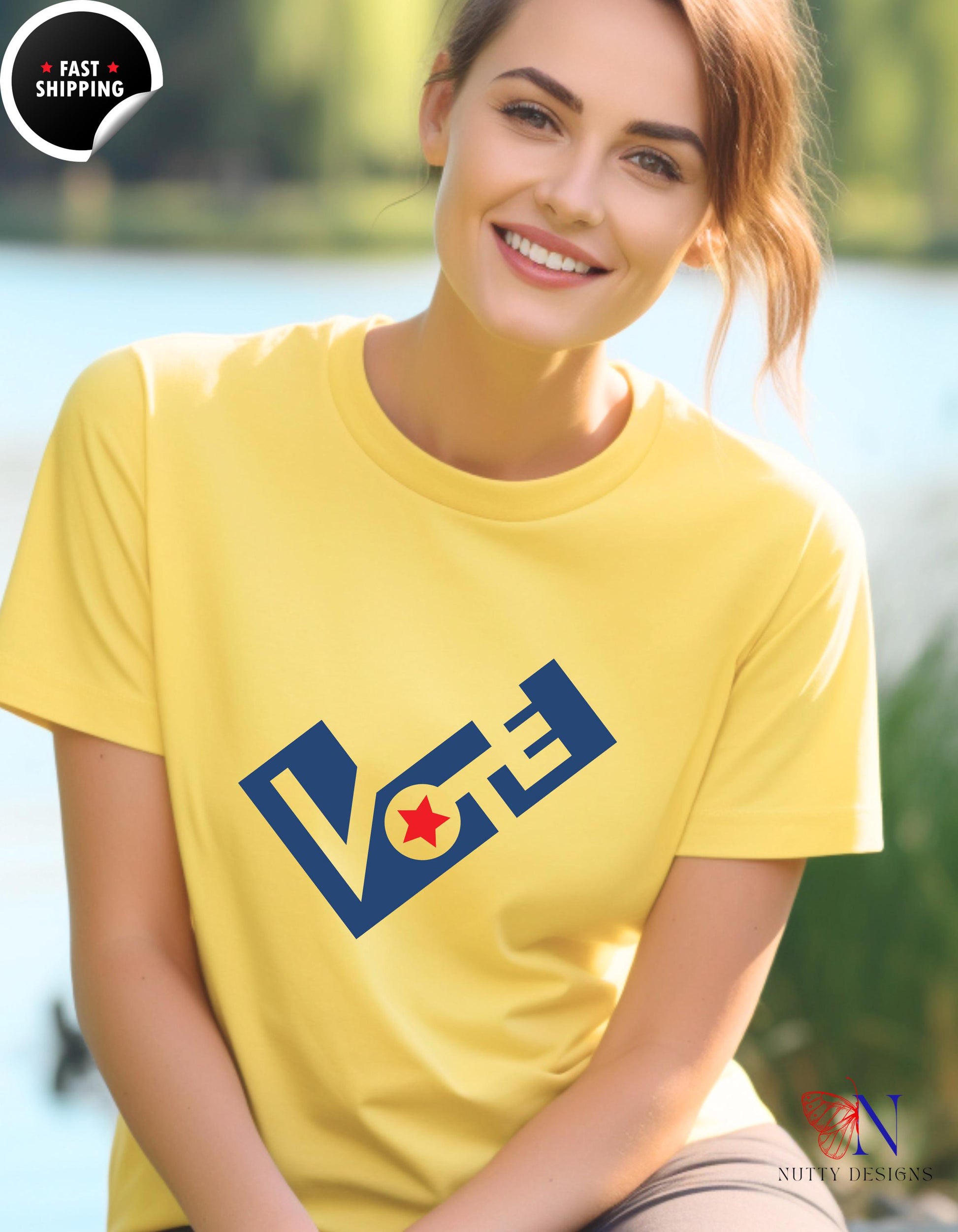 a woman in a yellow shirt is smiling