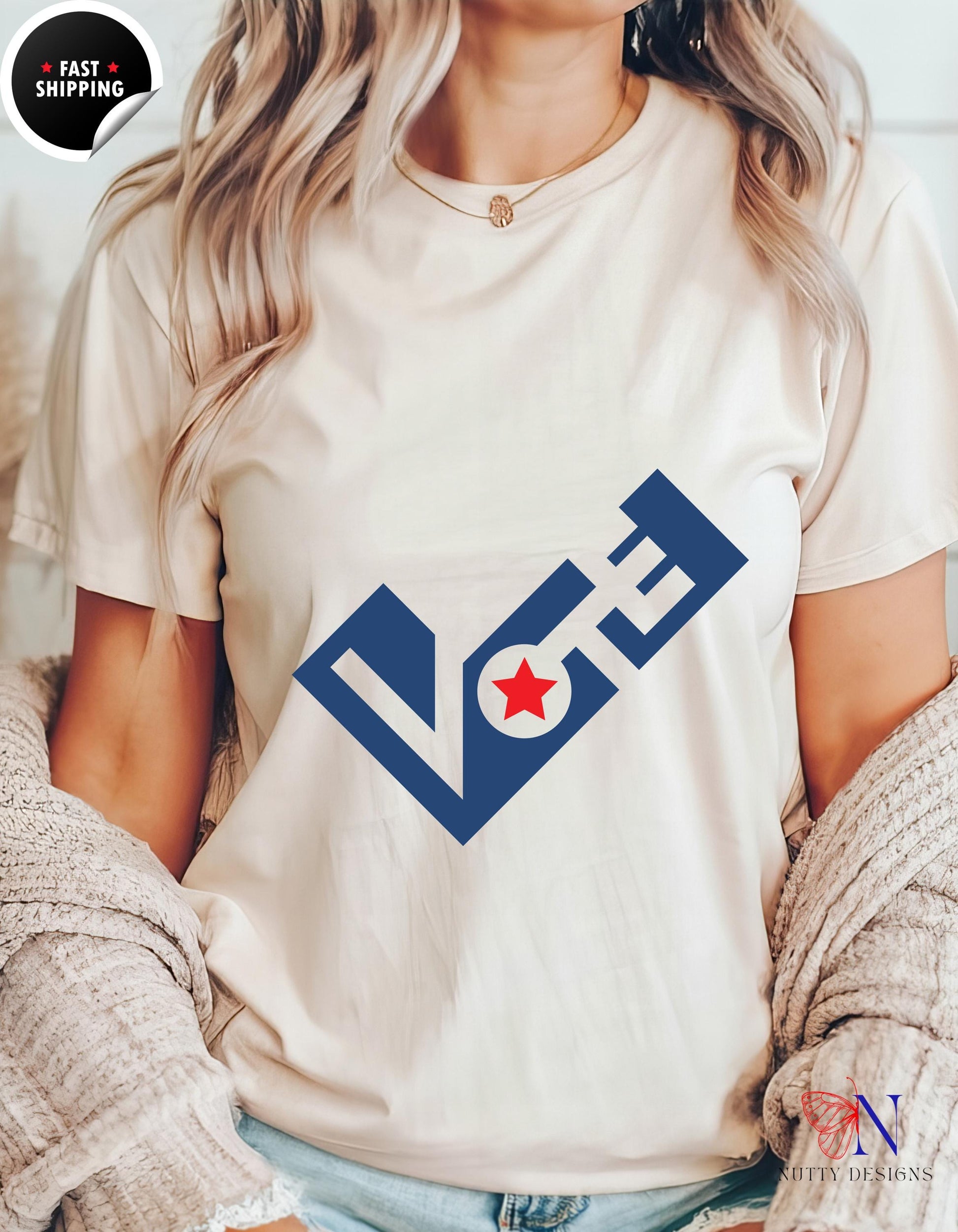 a woman wearing a white t - shirt with a blue and red logo