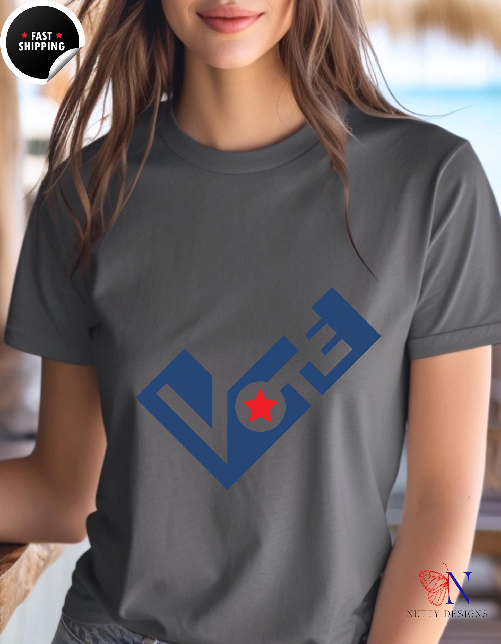 a woman wearing a t - shirt with a blue and red logo