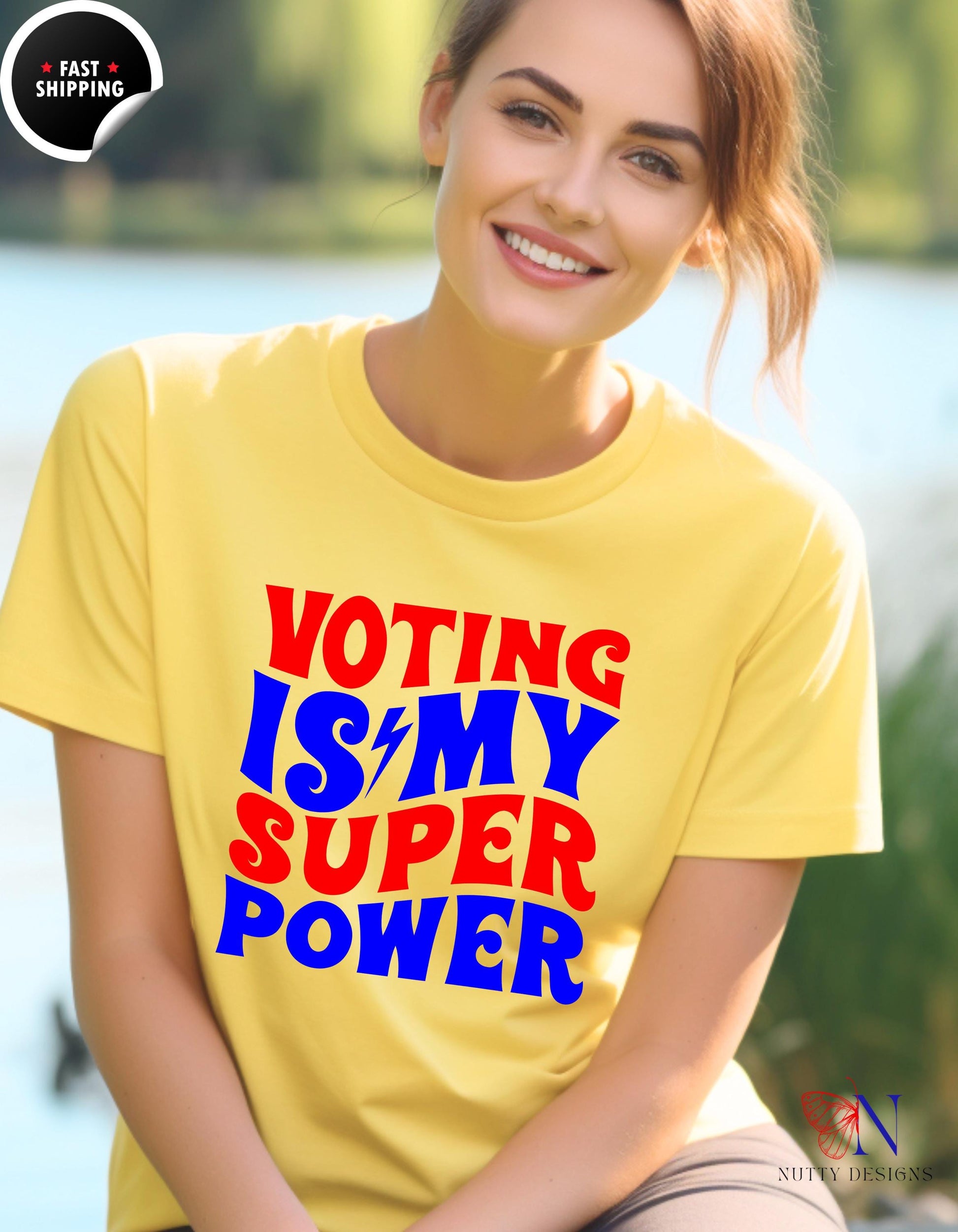 a woman wearing a yellow voting is my super power t - shirt