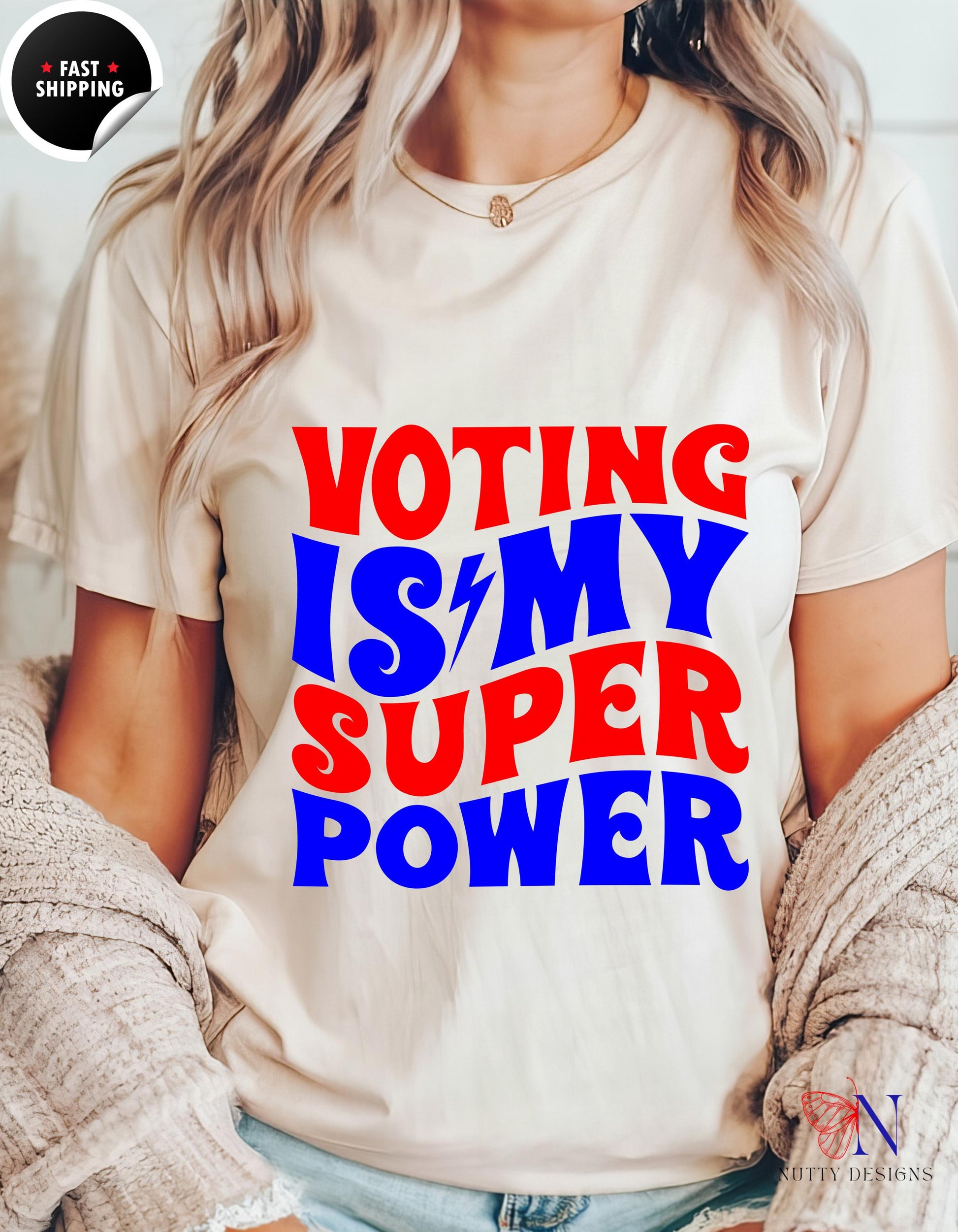 a woman wearing a voting is my super power t - shirt