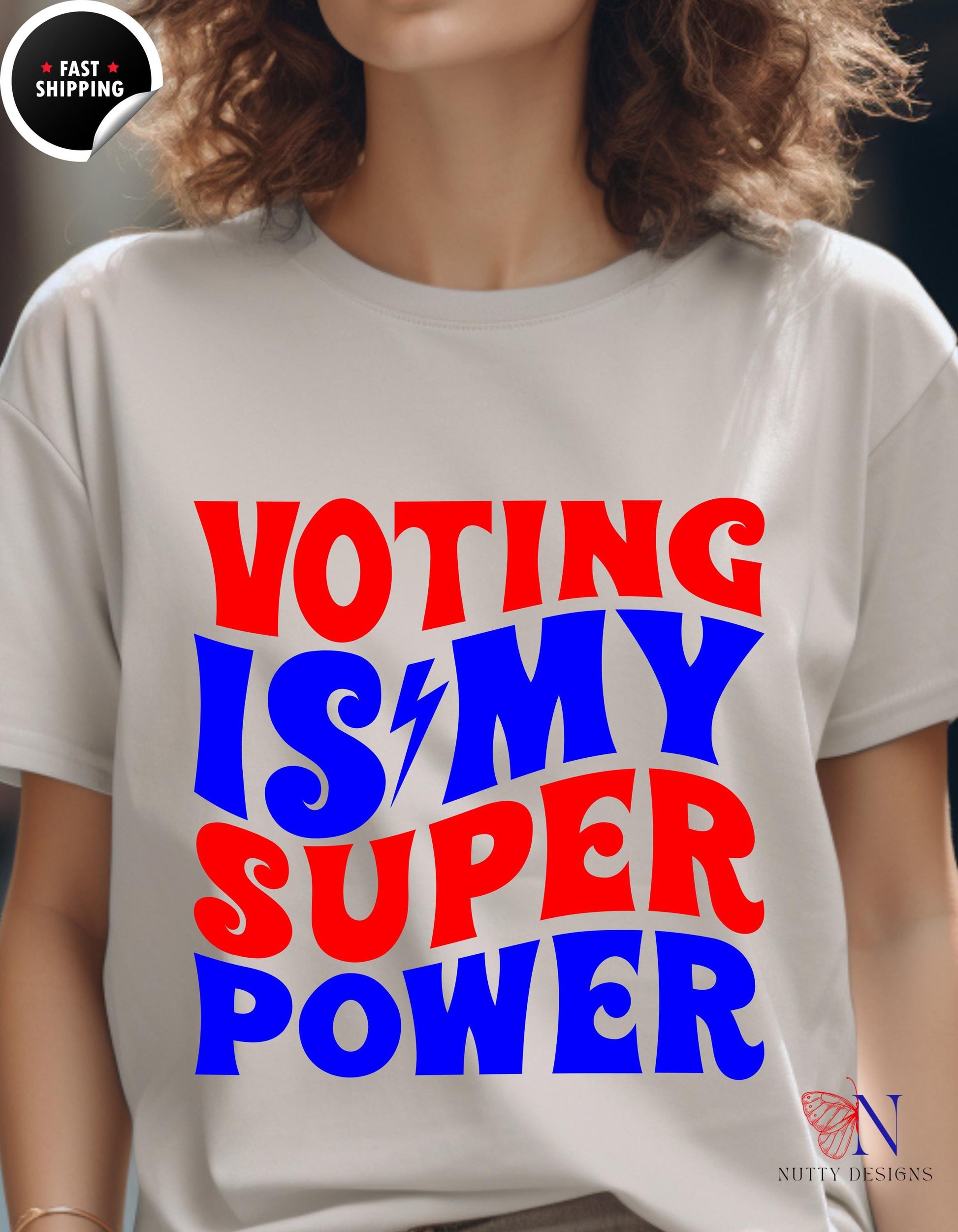 a woman wearing a voting is my super power t - shirt