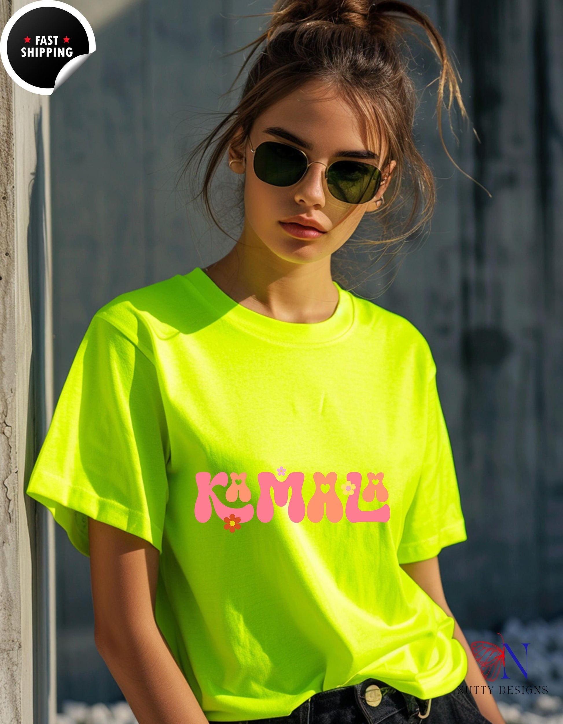 a woman wearing a neon yellow shirt and sunglasses