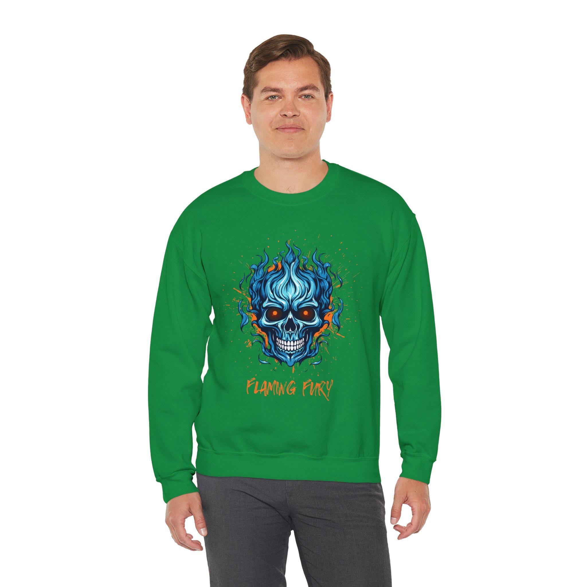 Flaming Fury Skull Sweatshirt | Graphic Hoodie for Men and Women | Cozy Casual Wear | Unique Gift Ideas for Halloween & Beyond