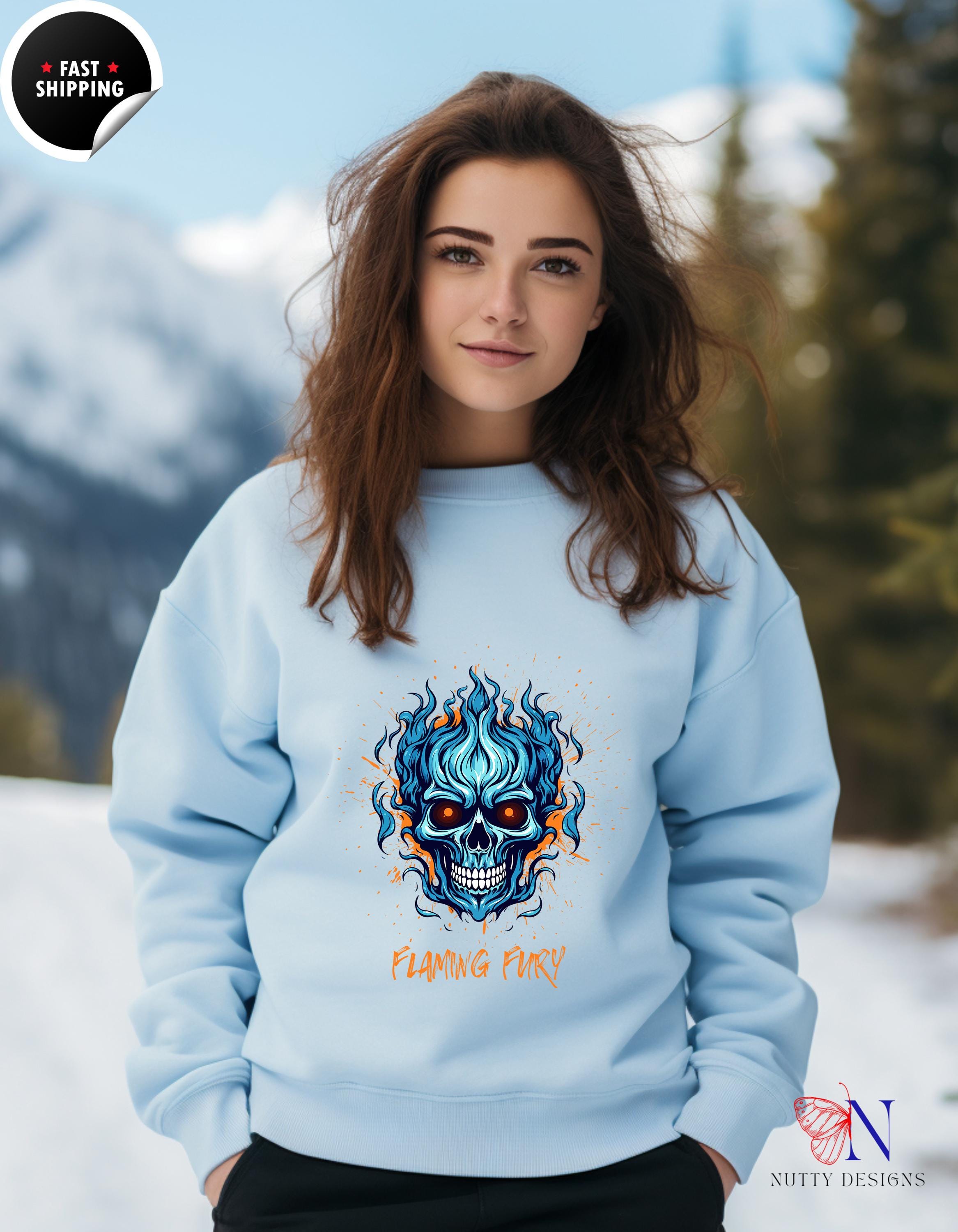 Flaming Fury Skull Sweatshirt | Graphic Hoodie for Men and Women | Cozy Casual Wear | Unique Gift Ideas for Halloween & Beyond