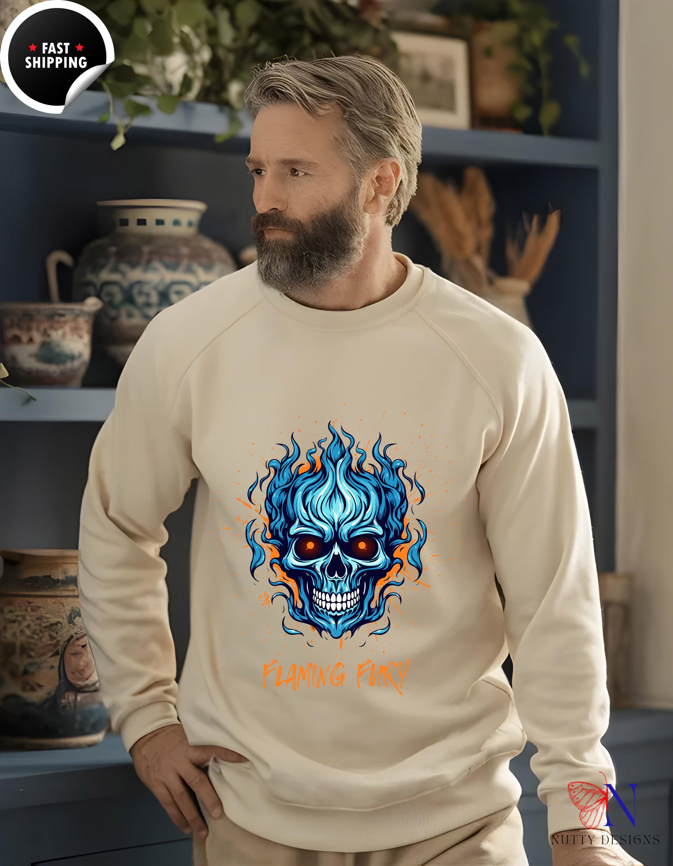 Flaming Fury Skull Sweatshirt | Graphic Hoodie for Men and Women | Cozy Casual Wear | Unique Gift Ideas for Halloween & Beyond