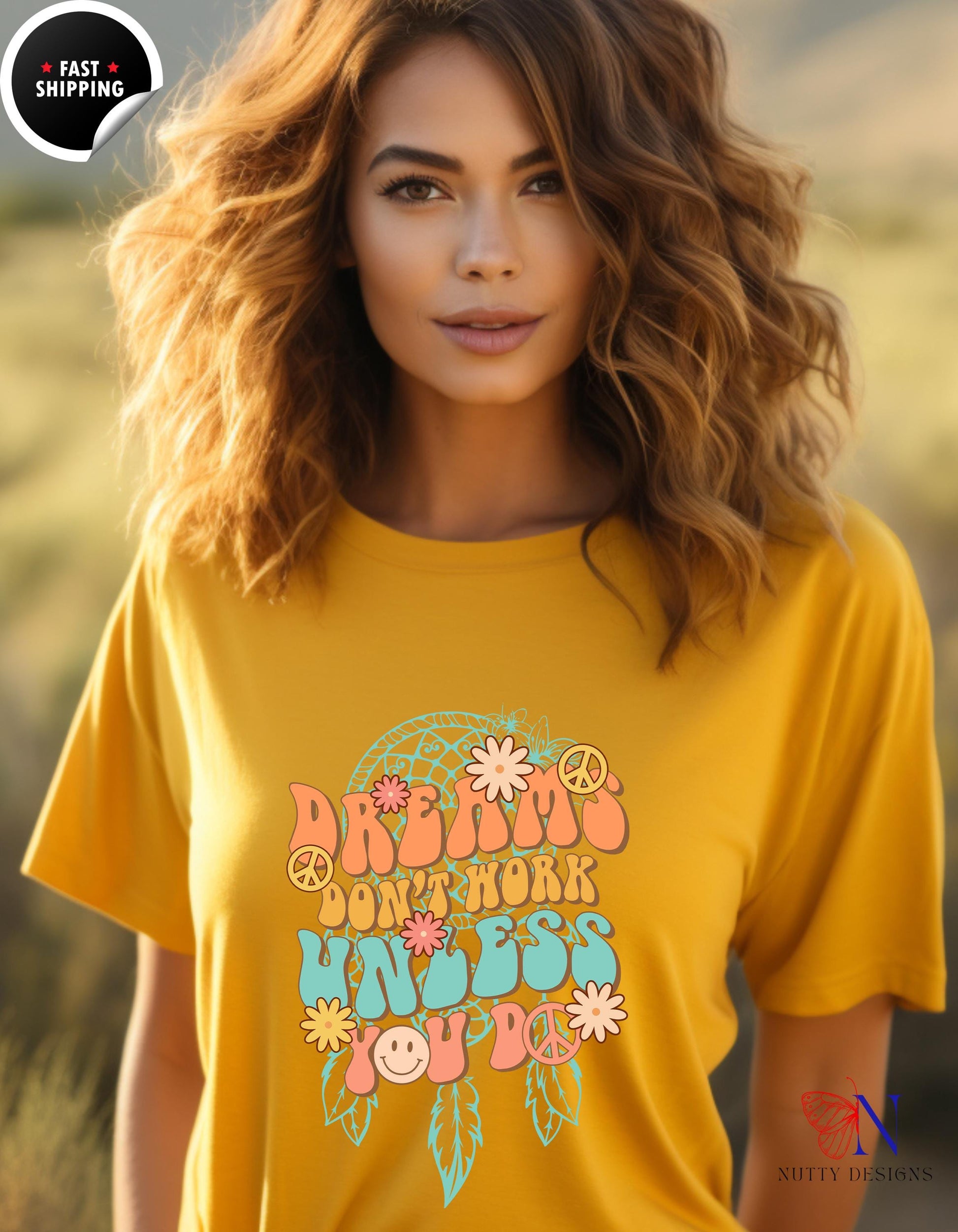 a woman wearing a yellow t - shirt with a flower design