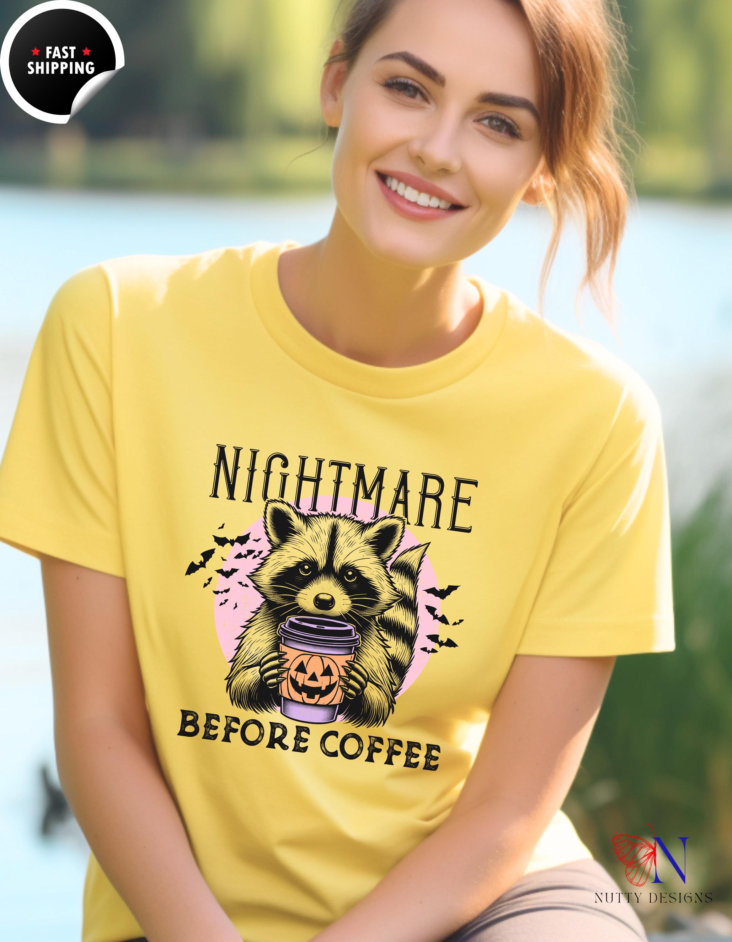 Nightmare Before Coffee T-Shirt | Halloween Raccoon Tee | Spooky Funny Graphic Shirt | Perfect Gift for Coffee Lovers