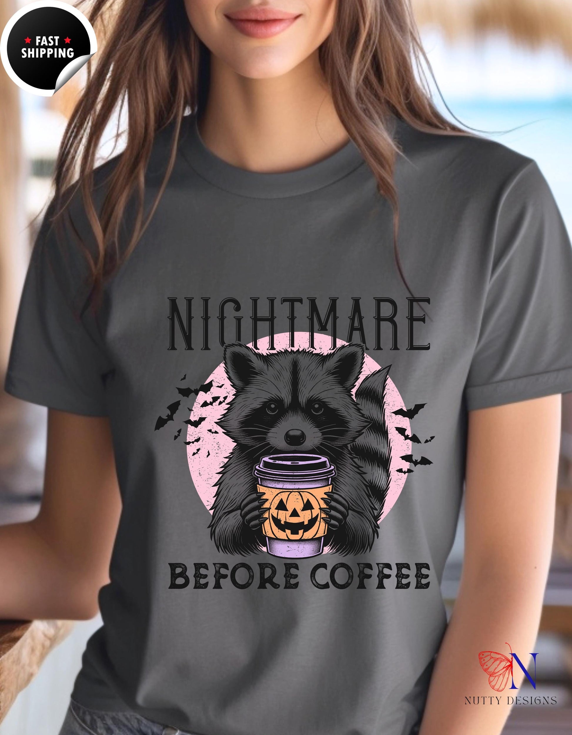 a woman wearing a t - shirt that says nightmares before coffee