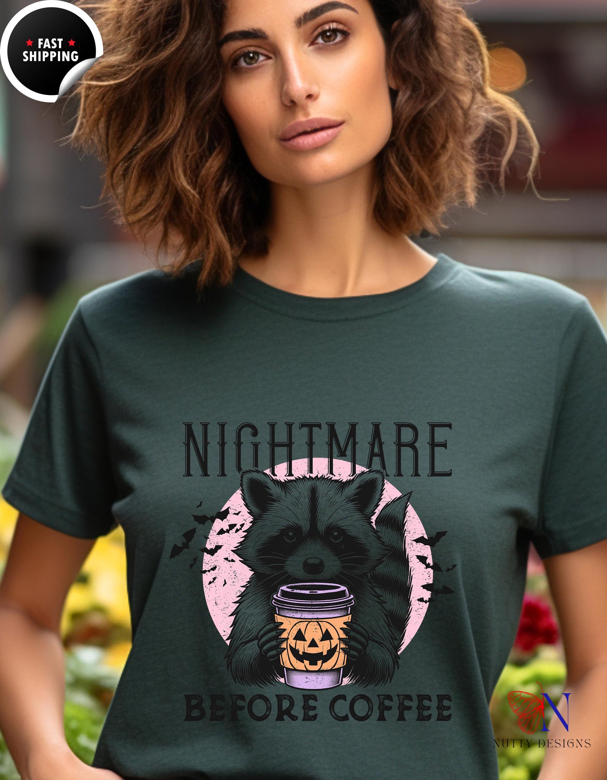 a woman wearing a t - shirt that says nightmares before coffee