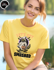 a woman wearing a yellow t - shirt that says let&#39;s out smashed